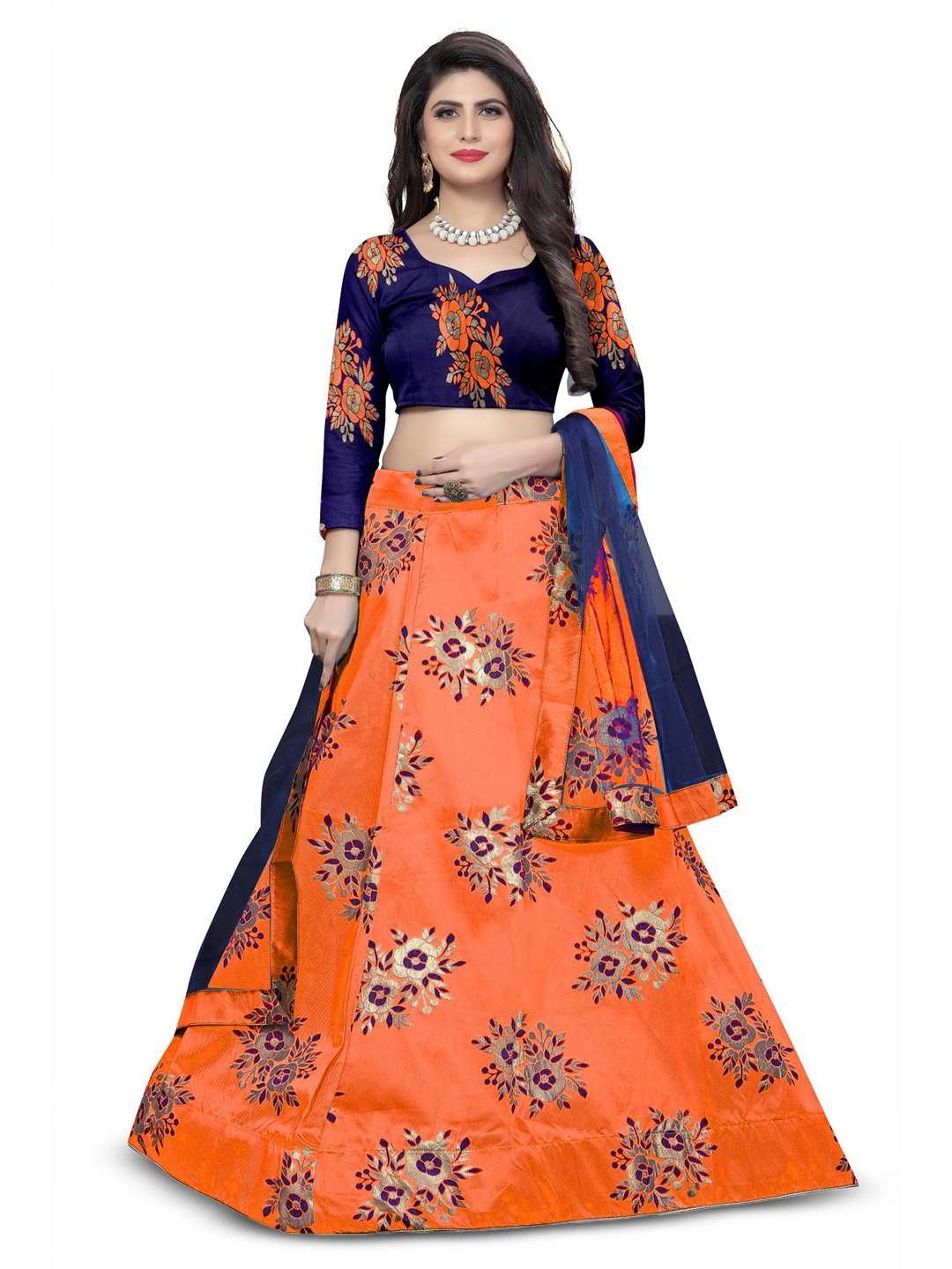 

Rujave Floral Printed Semi-Stitched Lehenga & Unstitched Blouse With Dupatta, Orange