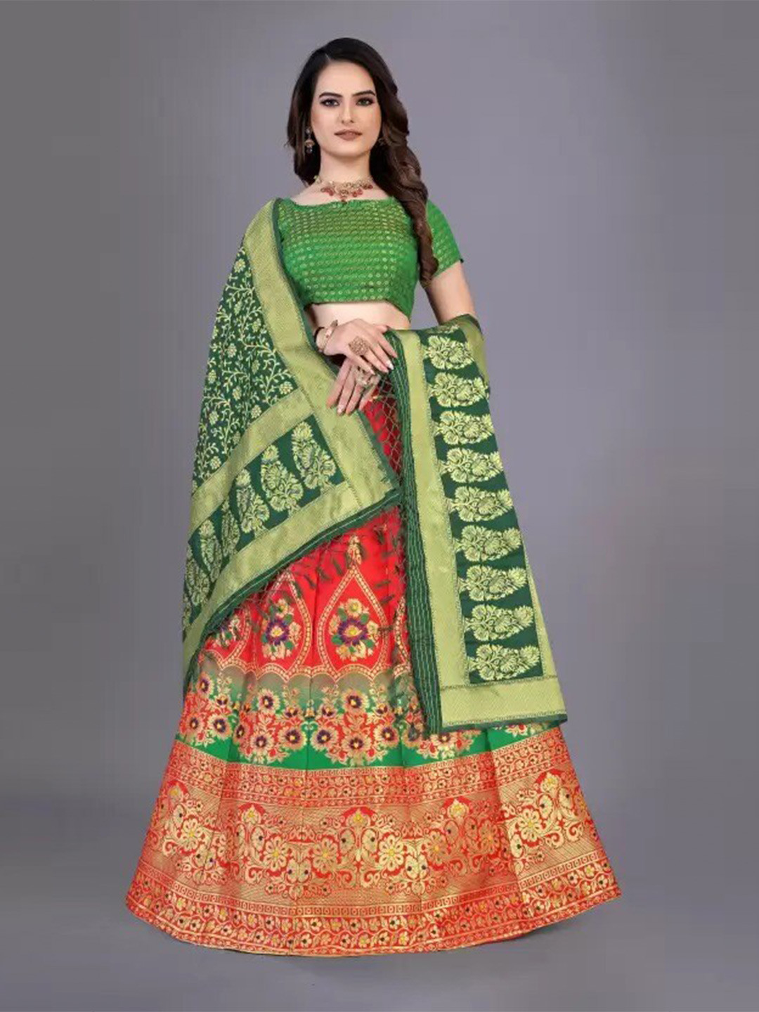 

Rujave Semi-Stitched Lehenga & Unstitched Blouse With Dupatta, Red