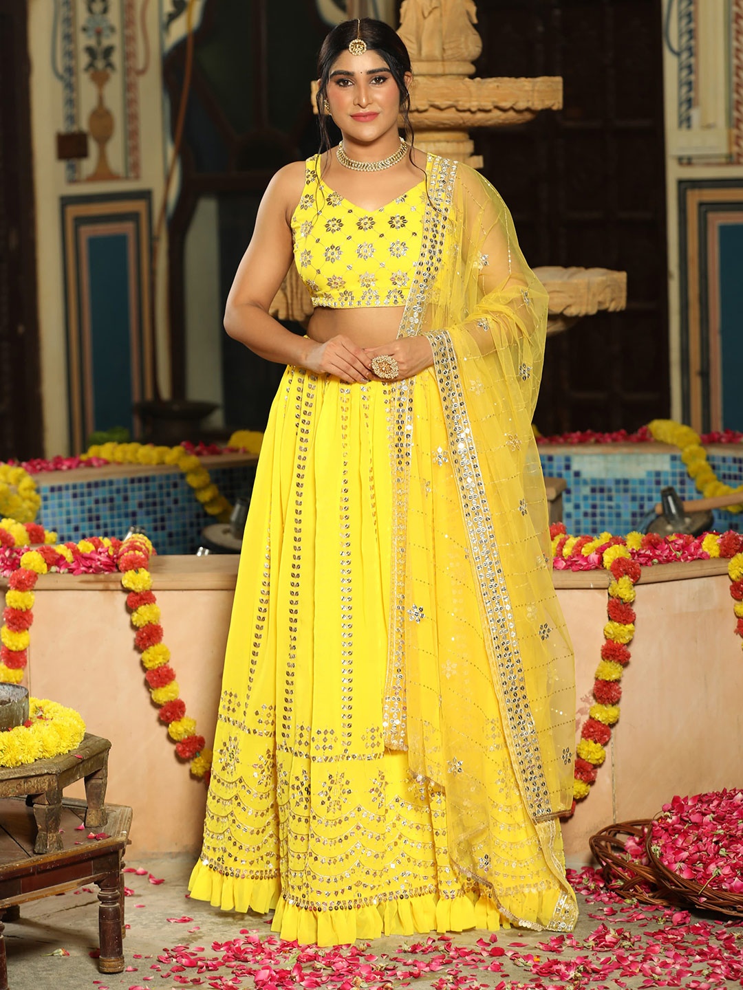 

Rujave Embellished Thread Work Semi-Stitched Lehenga & Unstitched Blouse With Dupatta, Yellow