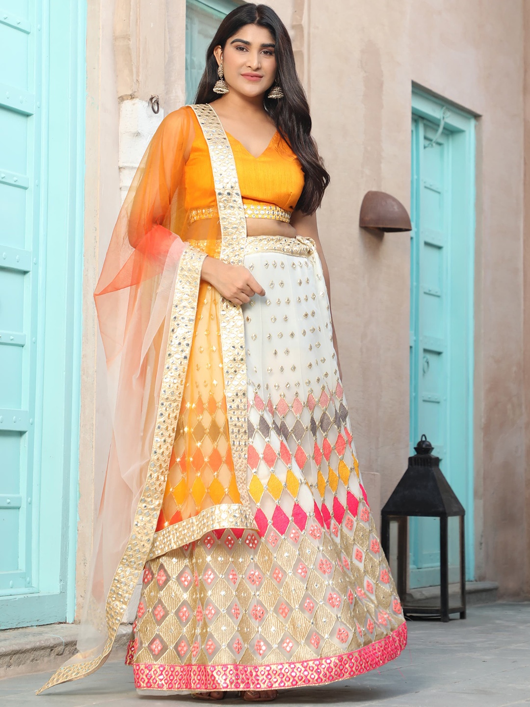 

Rujave Embellished Thread Work Semi-Stitched Lehenga & Unstitched Blouse With Dupatta, Beige