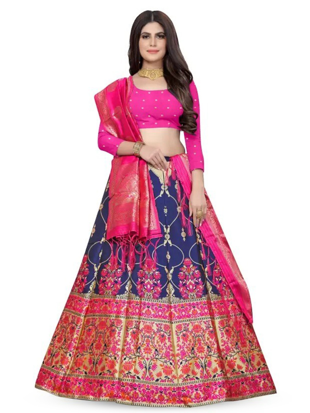 

Rujave Woven Design Semi-Stitched Lehenga & Unstitched Blouse With Dupatta, Pink