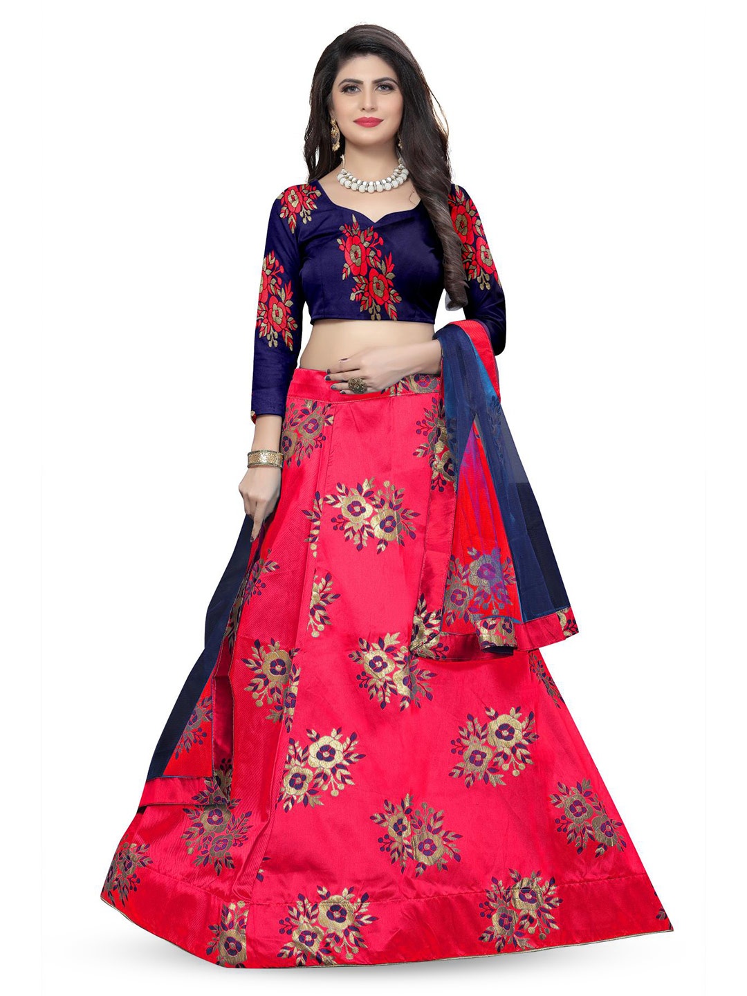 

Rujave Woven Design Semi-Stitched Lehenga & Unstitched Blouse With Dupatta, Red