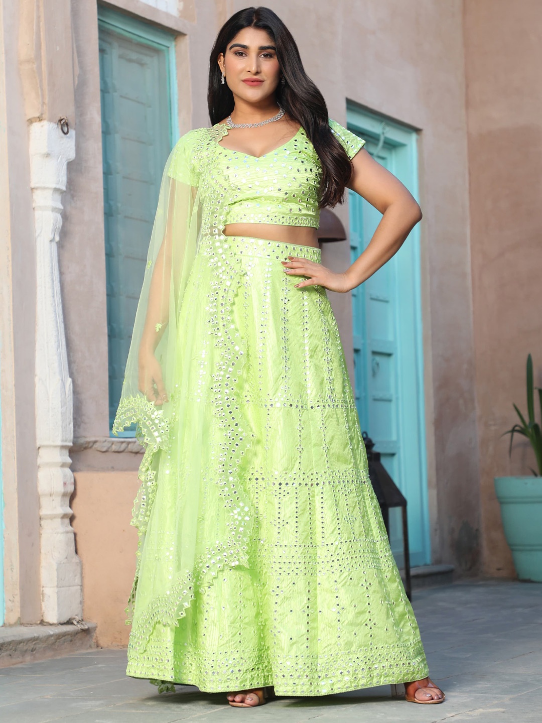 

Rujave Embellished Thread Work Semi-Stitched Lehenga & Unstitched Blouse With Dupatta, Green