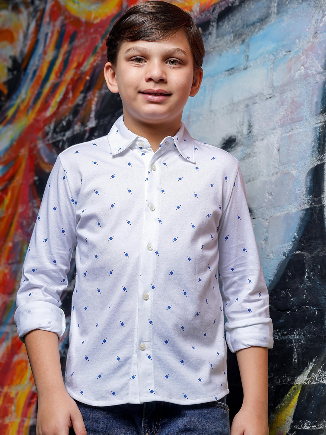 

ONE SKY Boys Micro Ditsy Printed Cotton Opaque Casual Shirt, White