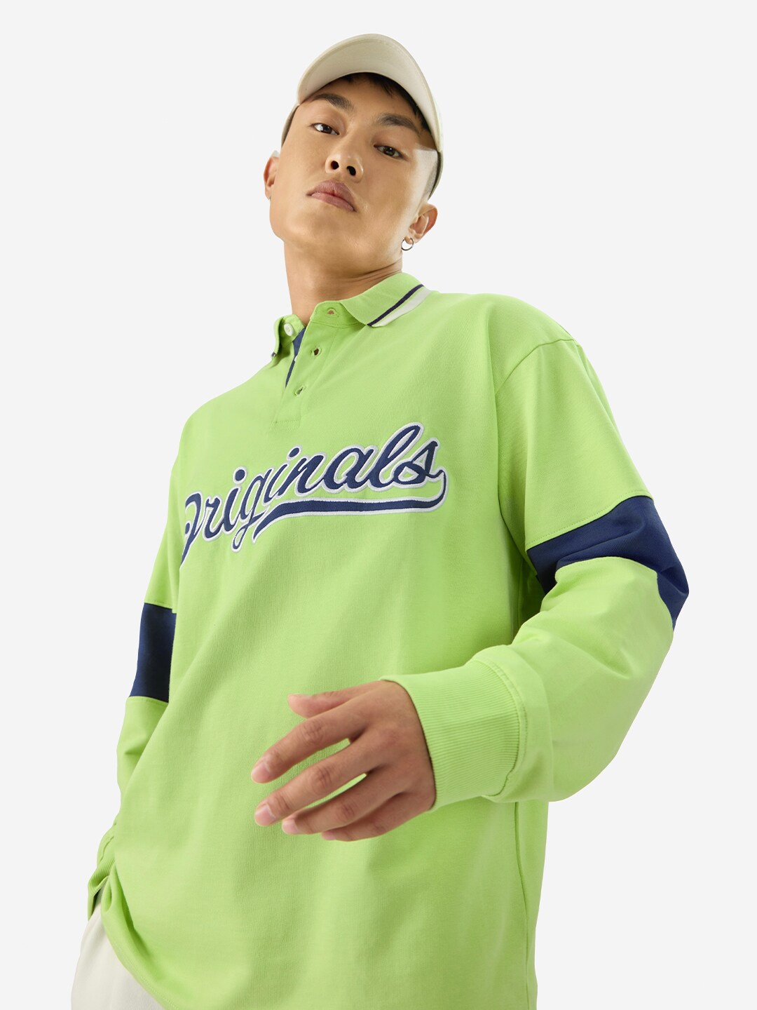 

The Souled Store Typography Printed Polo Collar Drop-Shoulder Sleeves Oversized T-shirt, Lime green