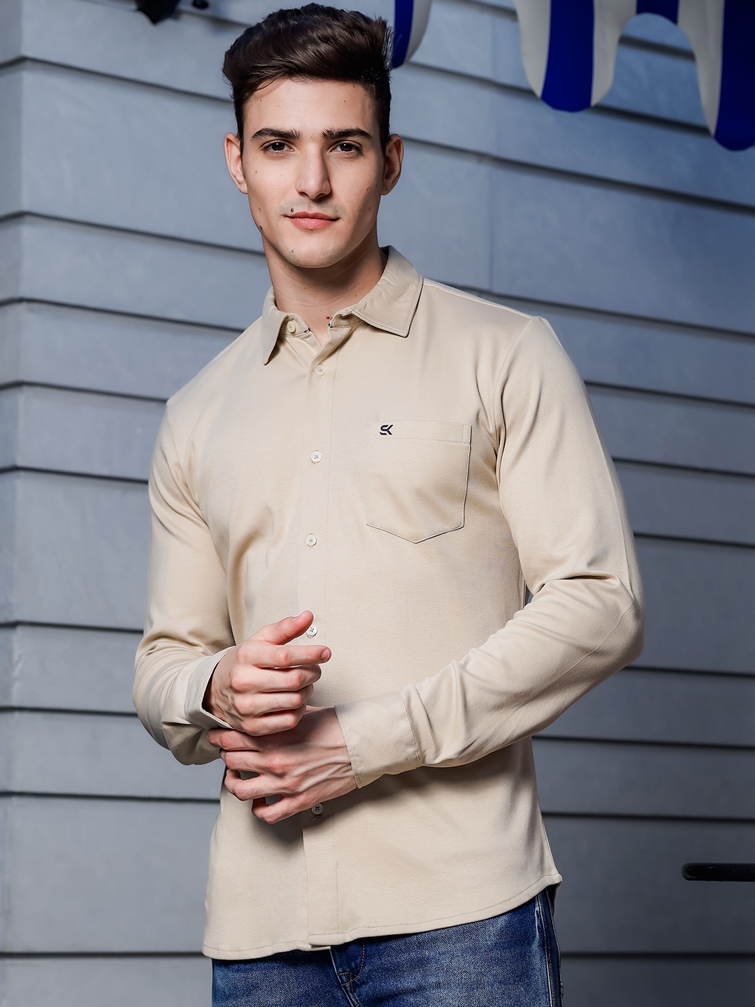 

ONE SKY Cotton Opaque Casual Shirt, Beige