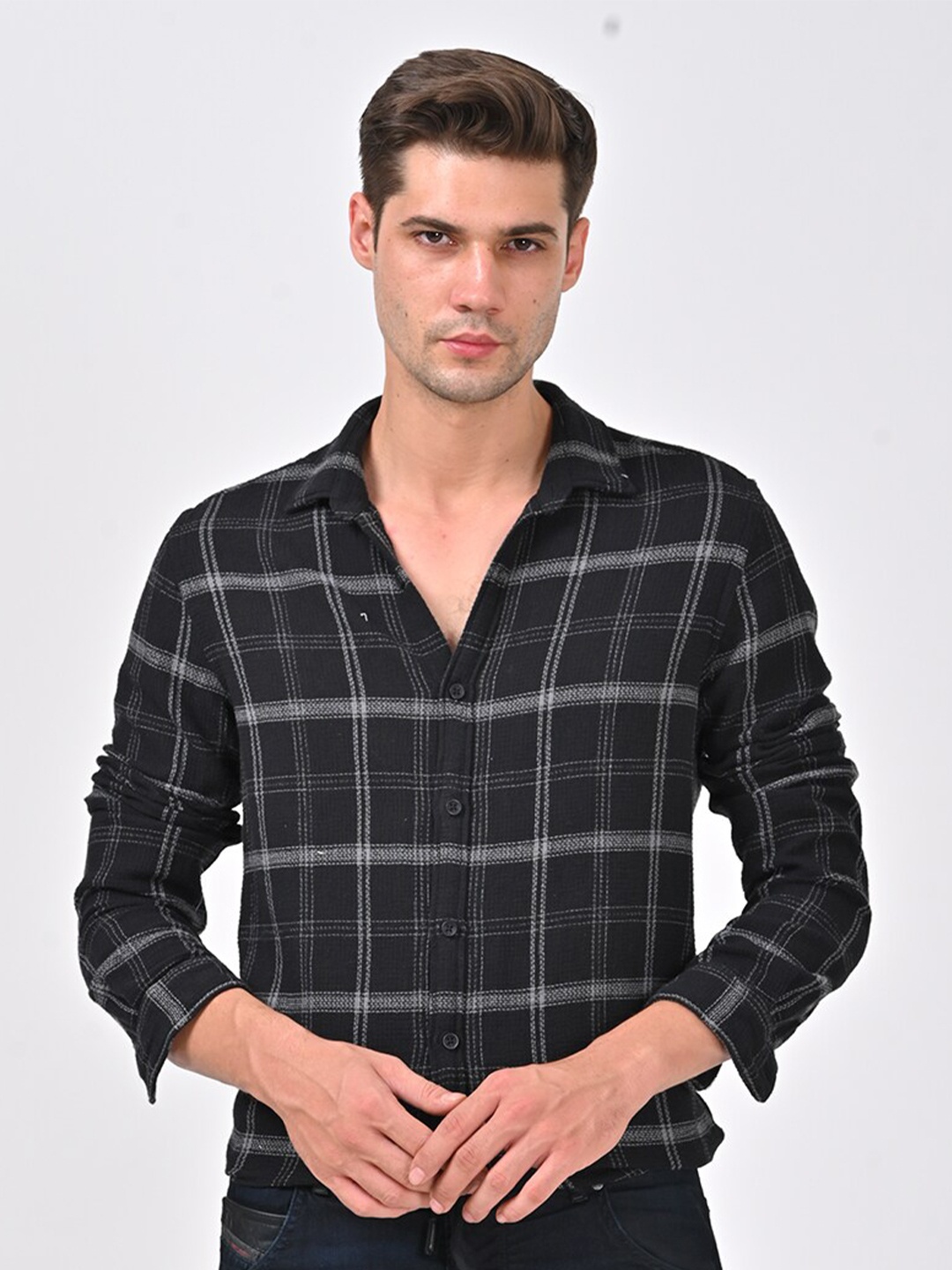 

POE Smart Slim Fit Checked Pure Cotton Casual Shirt, Black