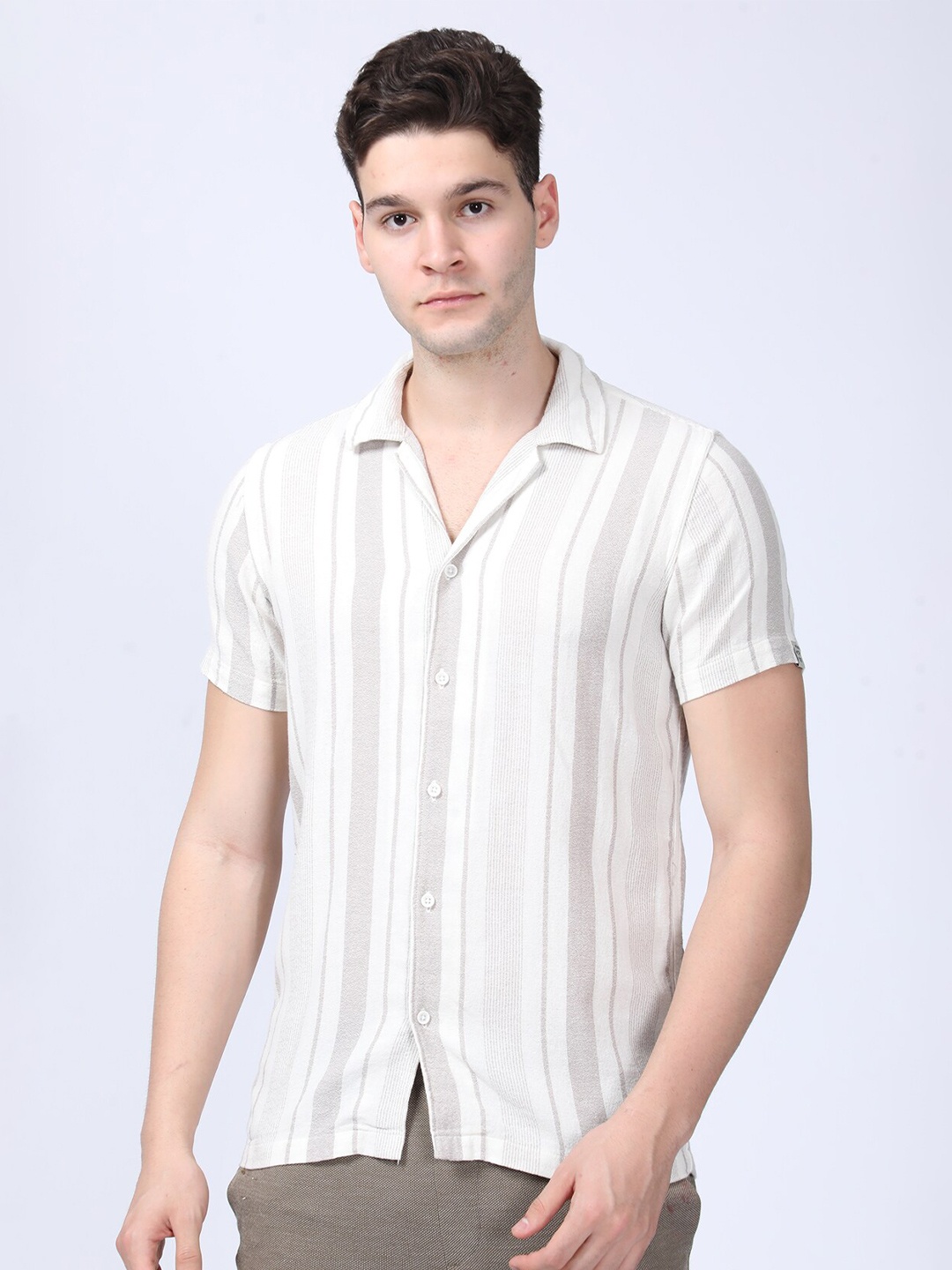 

POE Smart Slim Fit Vertical Striped Pure Cotton Casual Shirt, Off white
