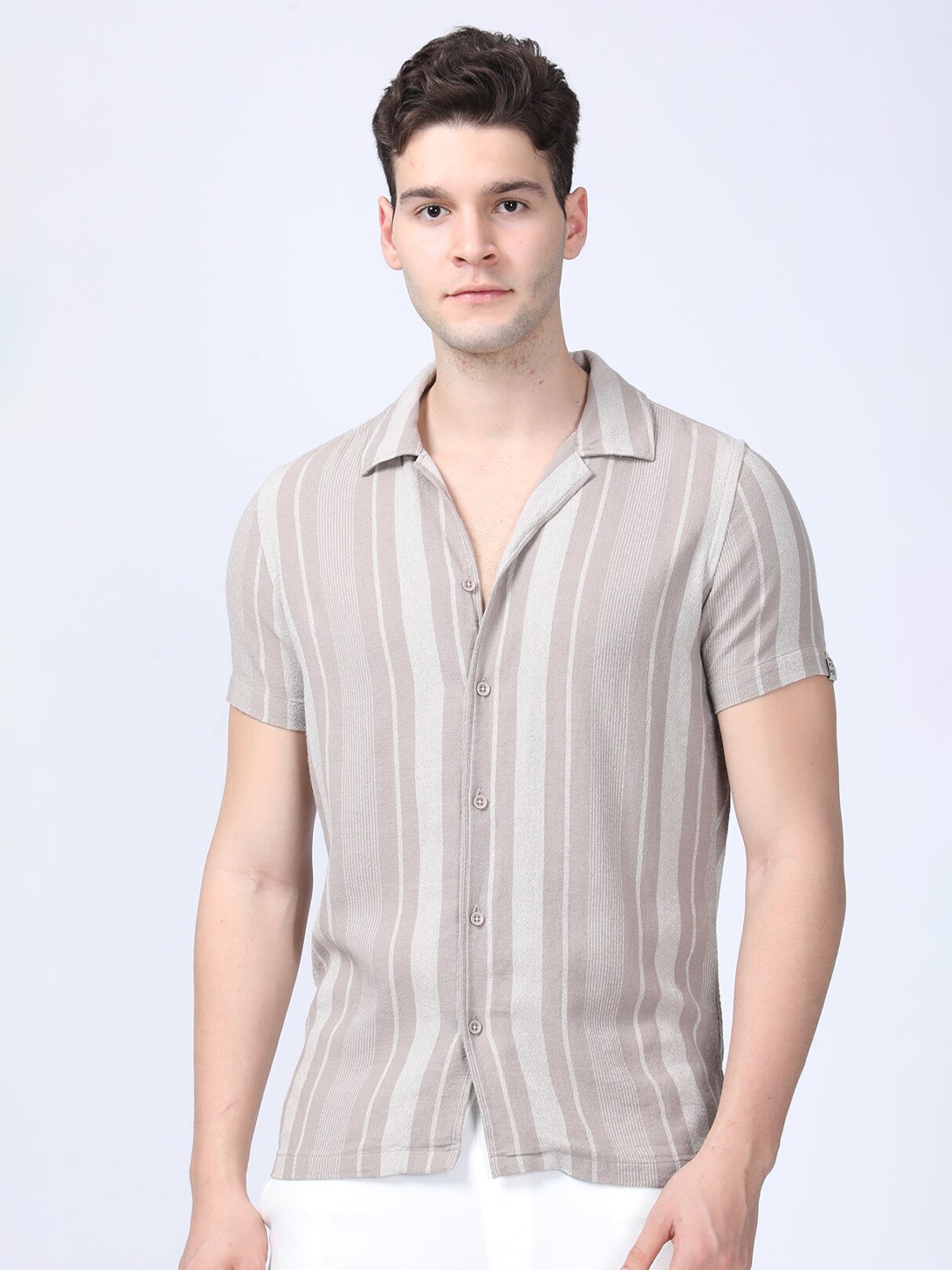 

POE Smart Slim Fit Vertical Striped Pure Cotton Casual Shirt, Beige
