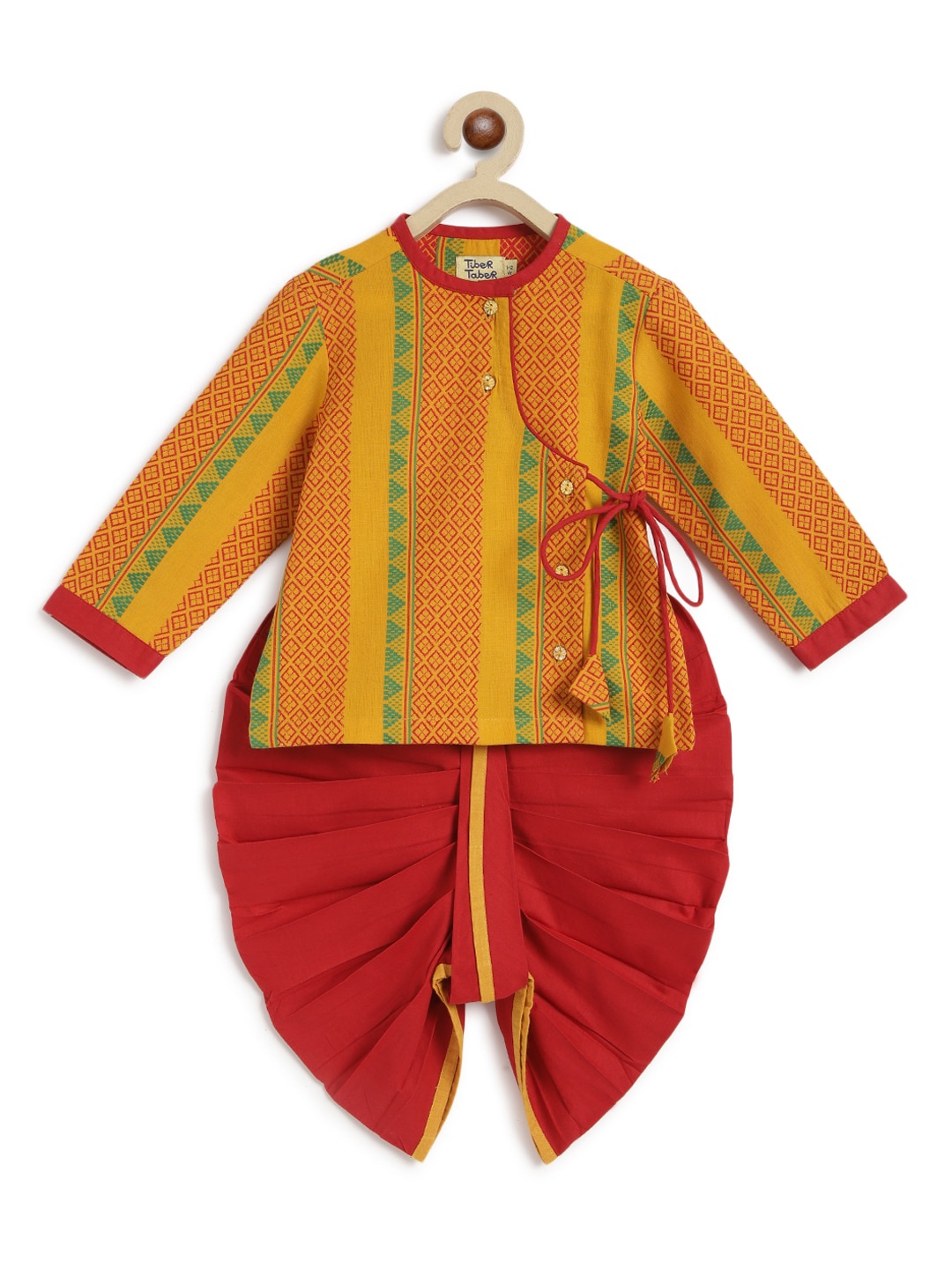 

Tiber Taber Boys Printed Angrakha Pure Cotton Kurta with Dhoti Pant, Yellow