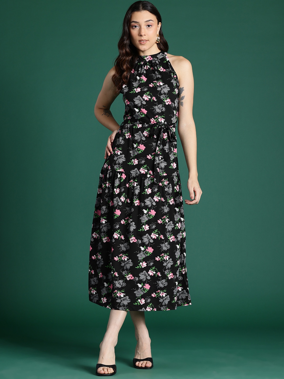 

DressBerry Floral Print Halter Neck Pure Cotton A-Line Midi Dress, Black