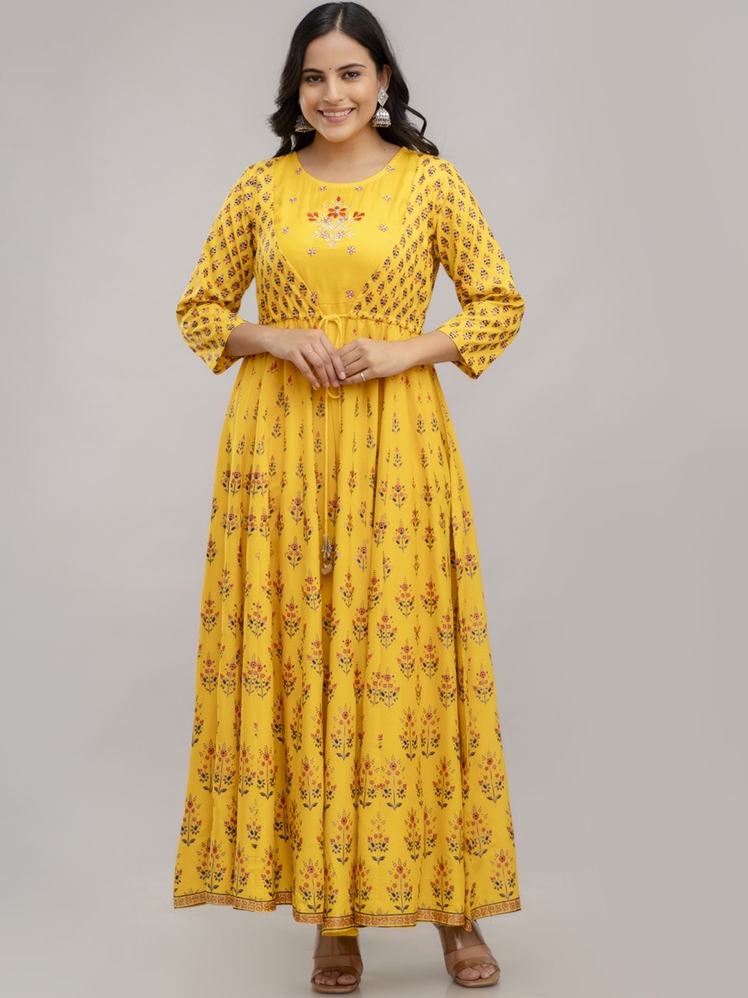 ftDiva Women Ethnic Motifs Printed Mirror Work Anarkali Kurta, Yellow