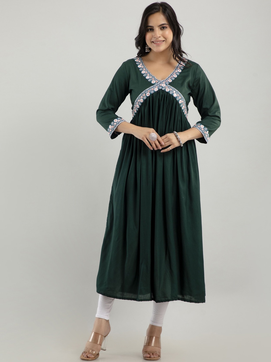 

ftDiva V-Neck Three-Quarter Sleeves Mirror Work Anarkali Kurta, Green