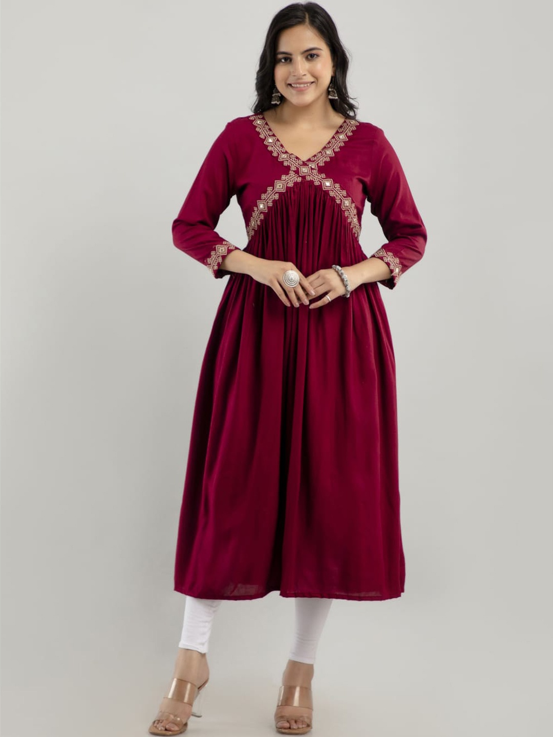 

ftDiva V-Neck Mirror Work Anarkali Kurta, Maroon