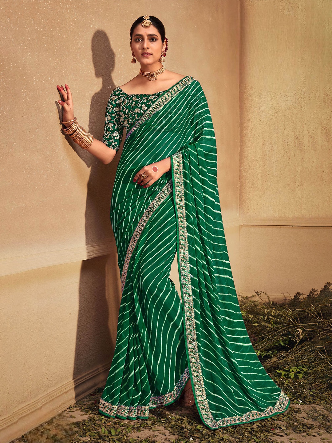

Mitera Leheriya Embroidered Zari Saree, Green