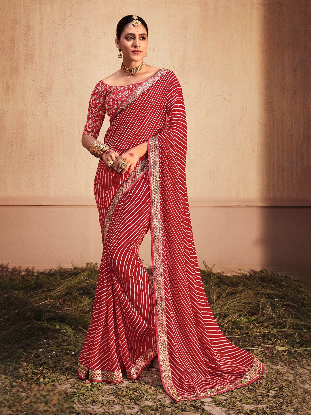 

Mitera Leheriya Embroidered Ready to Wear Saree, Red
