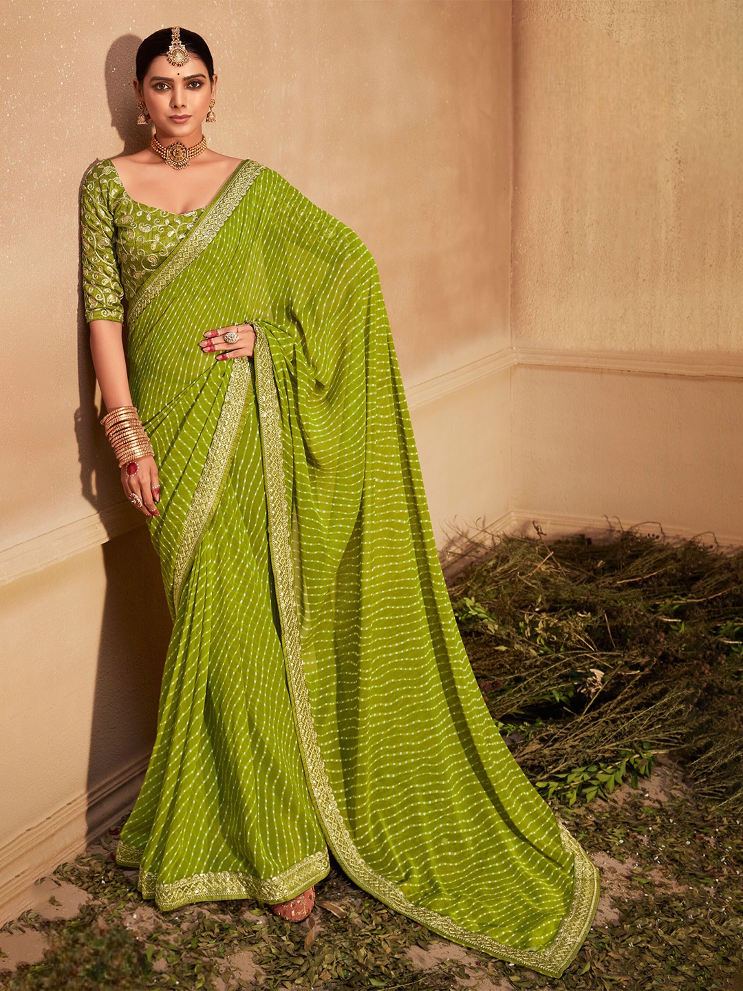 

Mitera Embroidered Leheriya Saree, Green