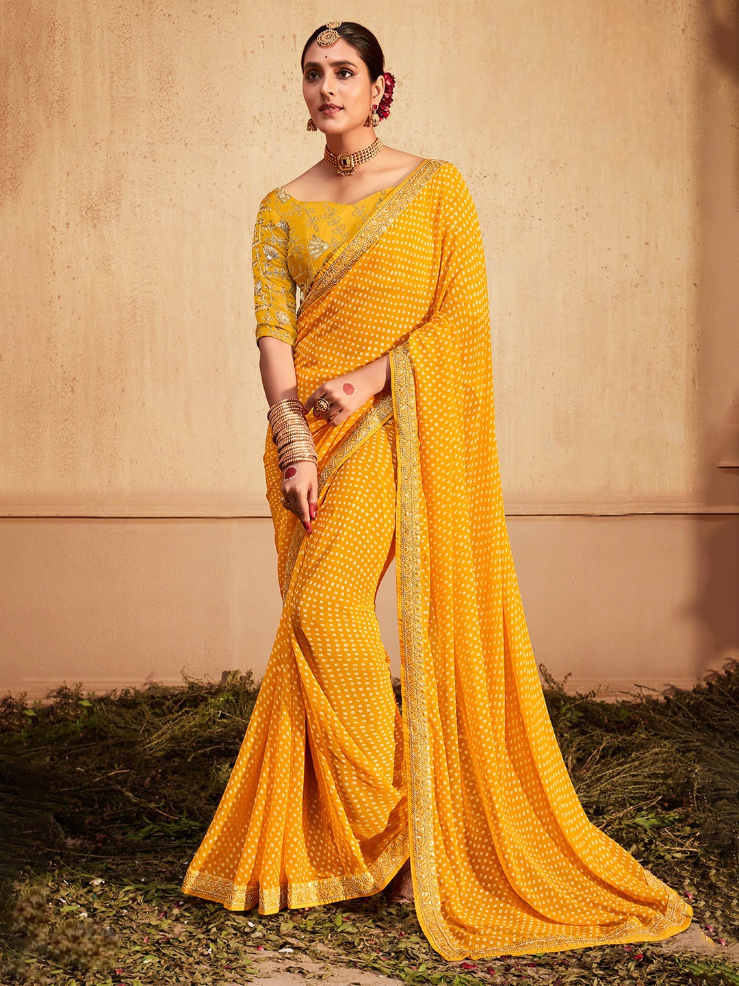 

Mitera Bandhani Printed Embroidered Saree, Yellow