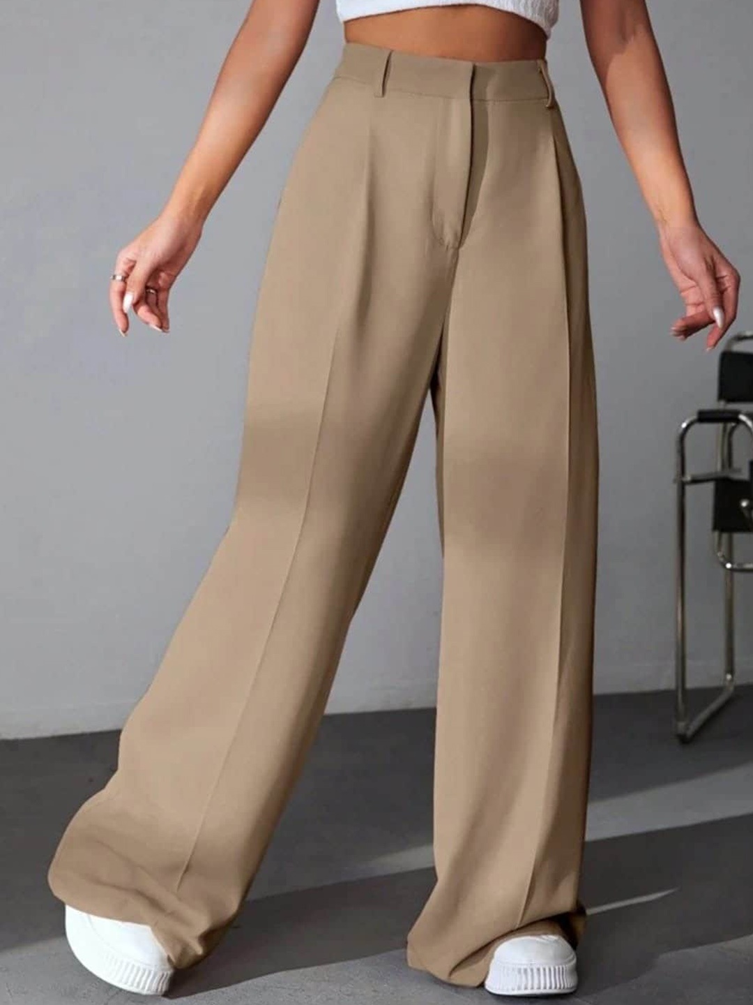 

Next One Women High-Rise Pleated Korean Trousers, Beige