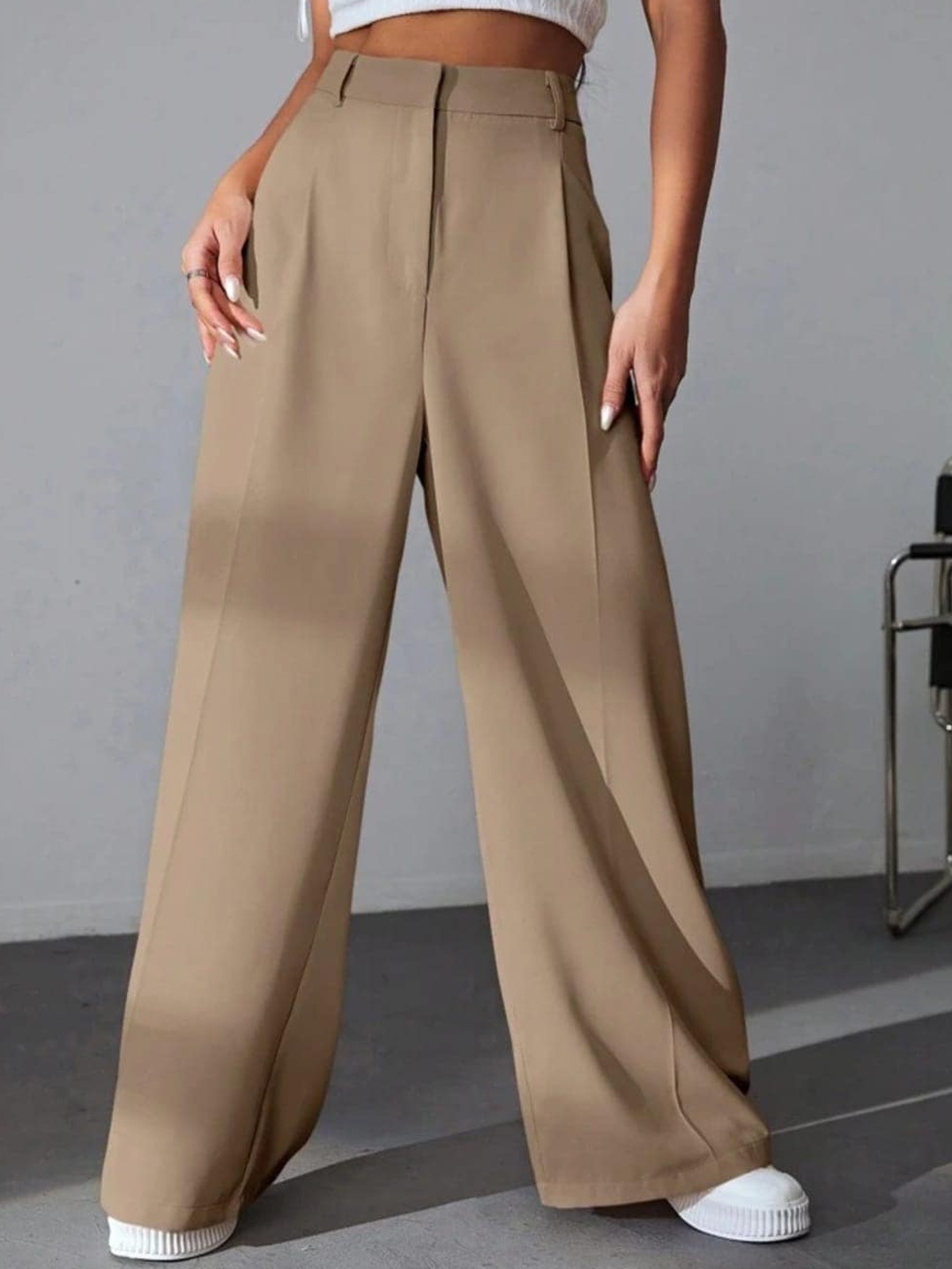 

Next One Women High-Rise Pleated Korean Trousers, Beige