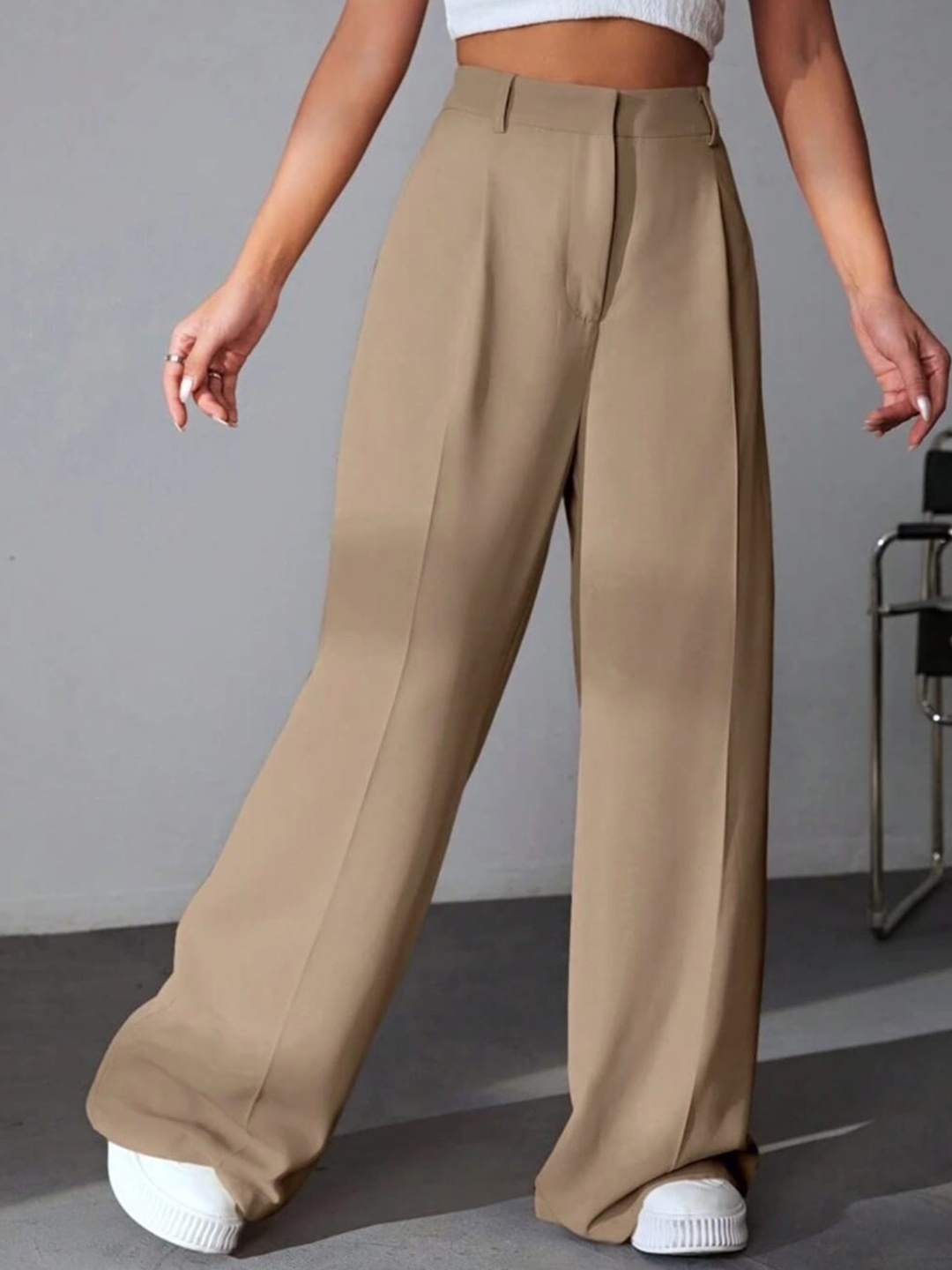

Next One Women High-Rise Pleated Korean Trousers, Beige