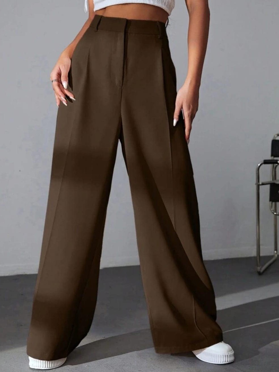 

Next One Women High-Rise Pleated Korean Trousers, Brown