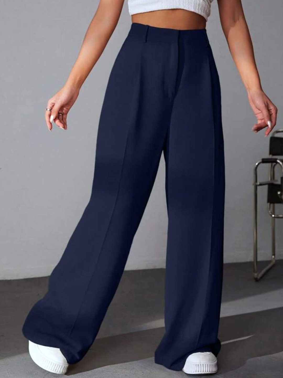 

Next One Women High-Rise Pleated Korean Trousers, Navy blue