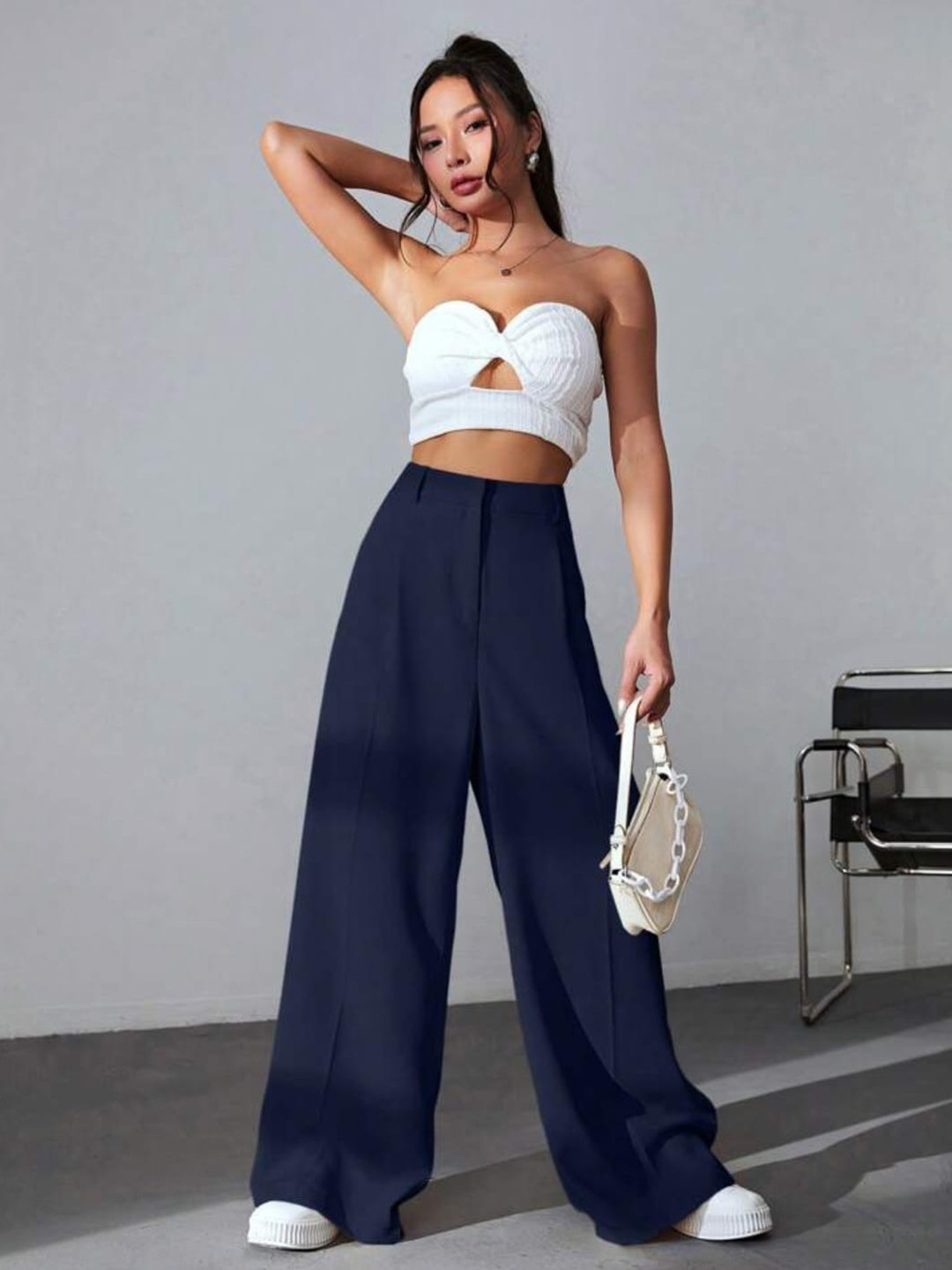 

Next One Women Smart High-Rise Easy Wash Trousers, Navy blue