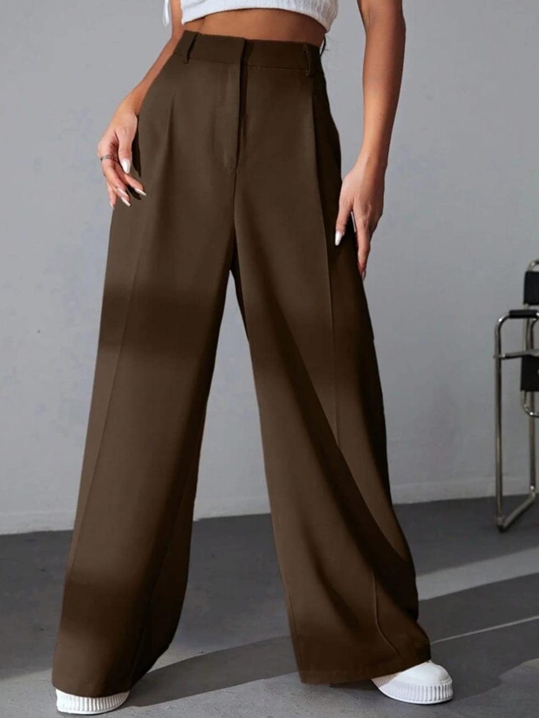 

Next One Women High-Rise Pleated Korean Trousers, Brown