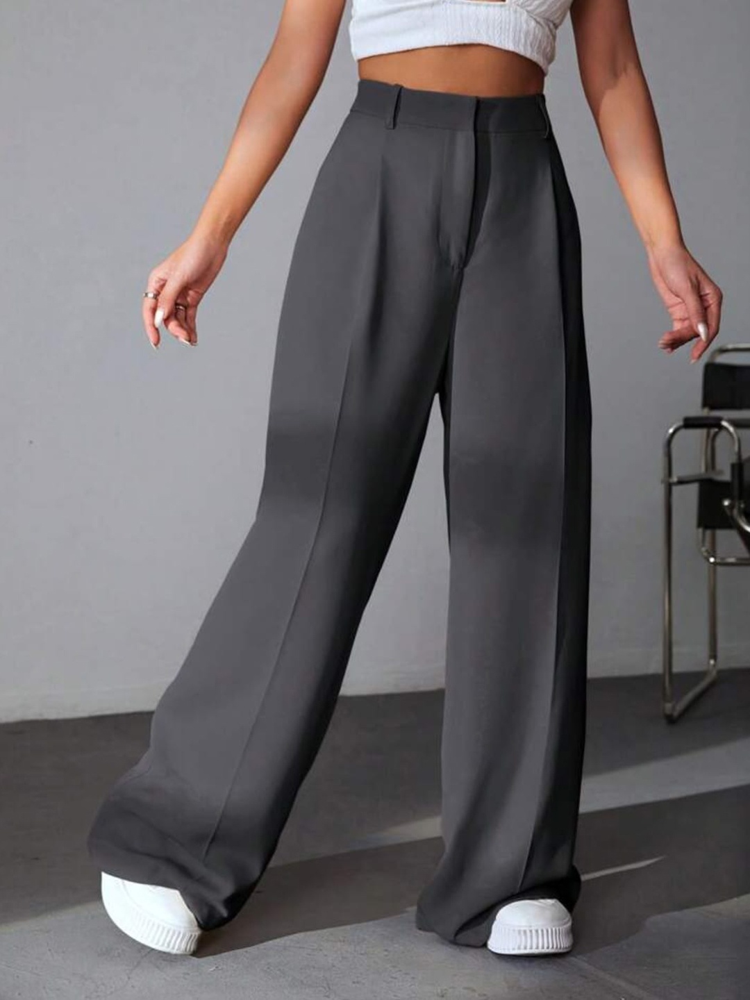 

Next One Women Smart High-Rise Easy Wash Wide Leg Baggy Fit Parallel Trousers, Grey