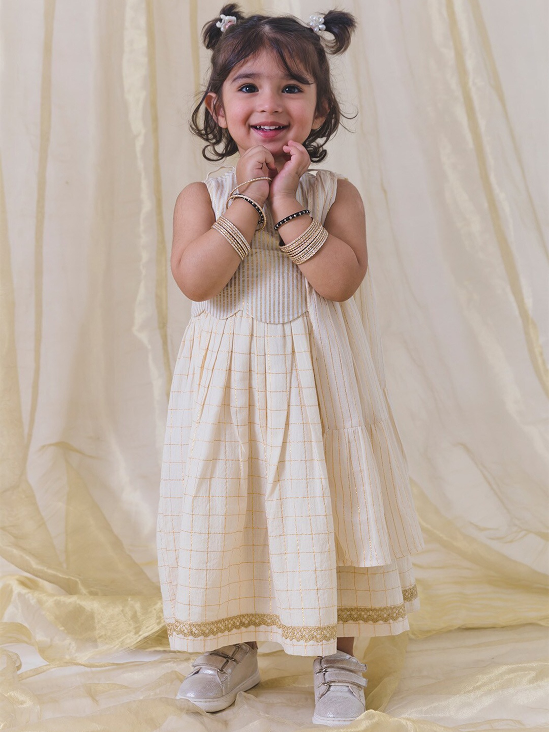 

Tiber Taber Striped Round Neck Fit & Flare Cotton Dress, Cream