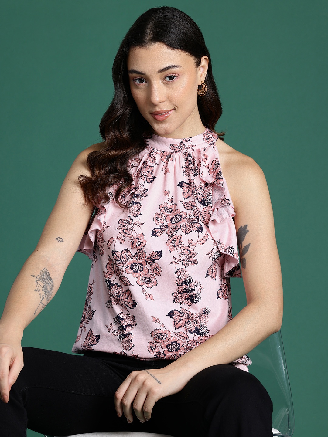 

DressBerry Floral Print Ruffles Cotton Top, Peach