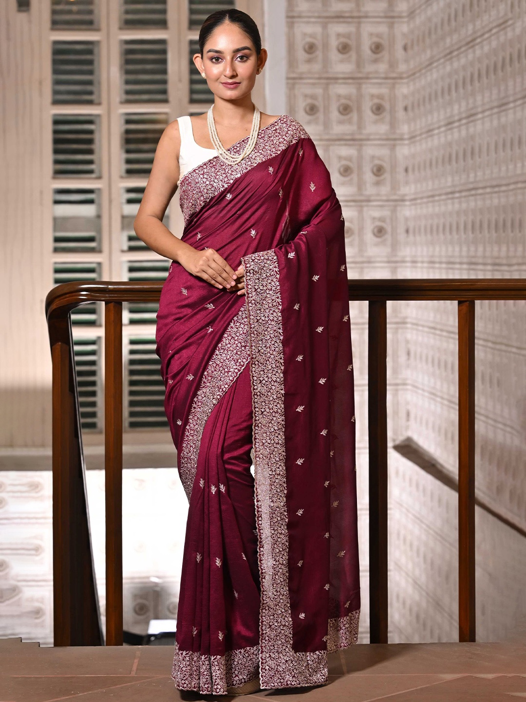

Mitera Floral Embroidered Saree, Maroon