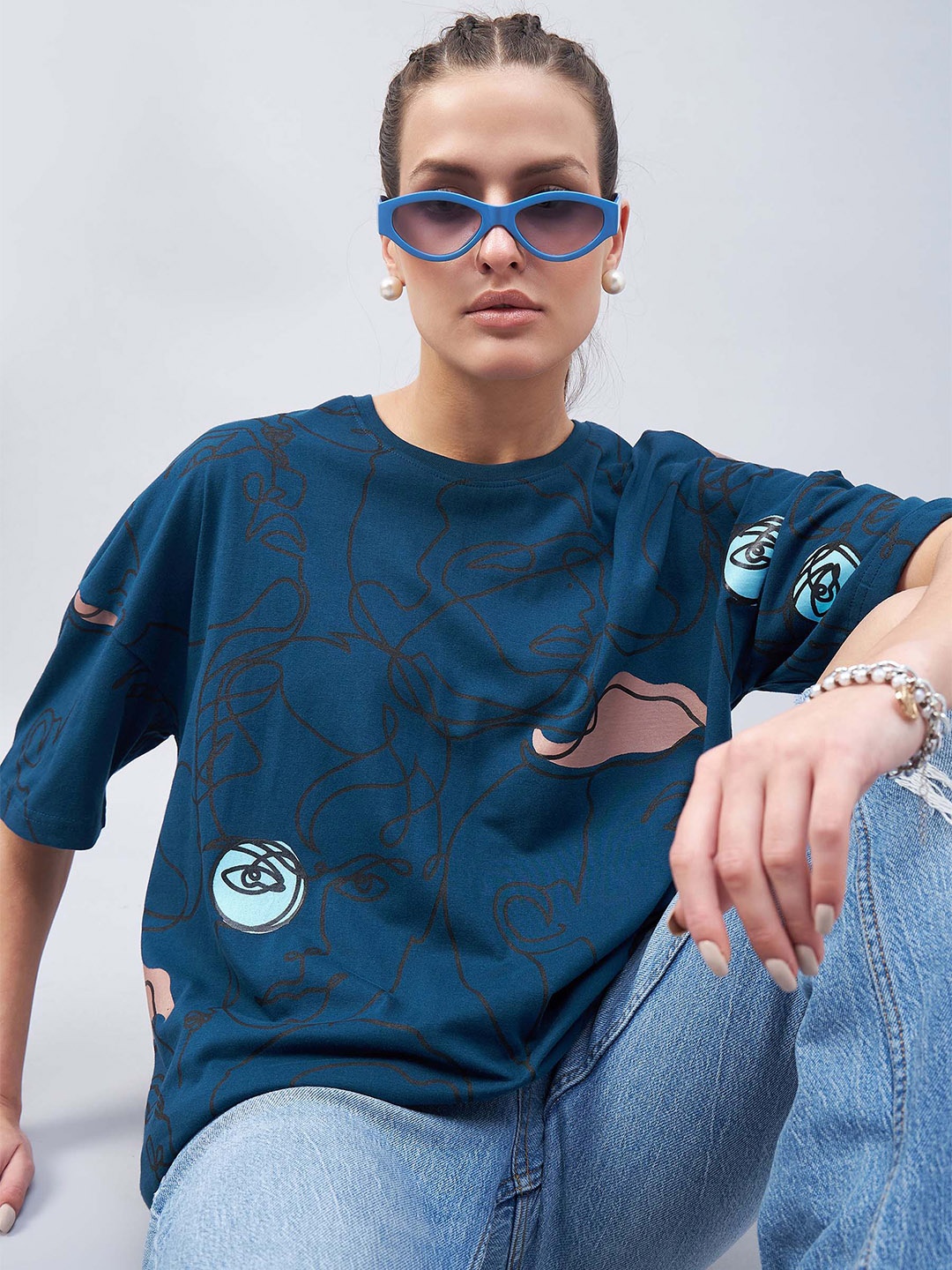 

GESPO Graphic Printed Drop Shoulder Sleeves Oversized Cotton T-shirt, Teal
