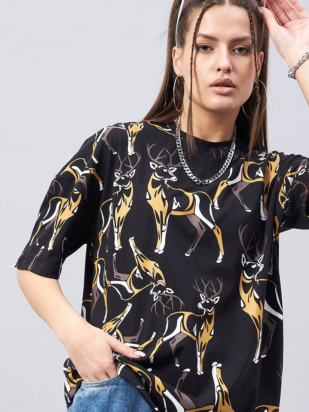 

GESPO Graphic Printed Drop Shoulder Sleeves Oversized Cotton T-shirt, Black