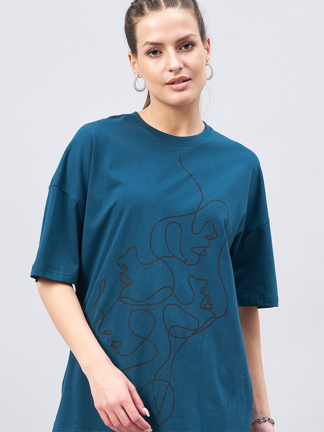

GESPO Graphic Printed Drop Shoulder Sleeves Oversized Cotton T-shirt, Teal