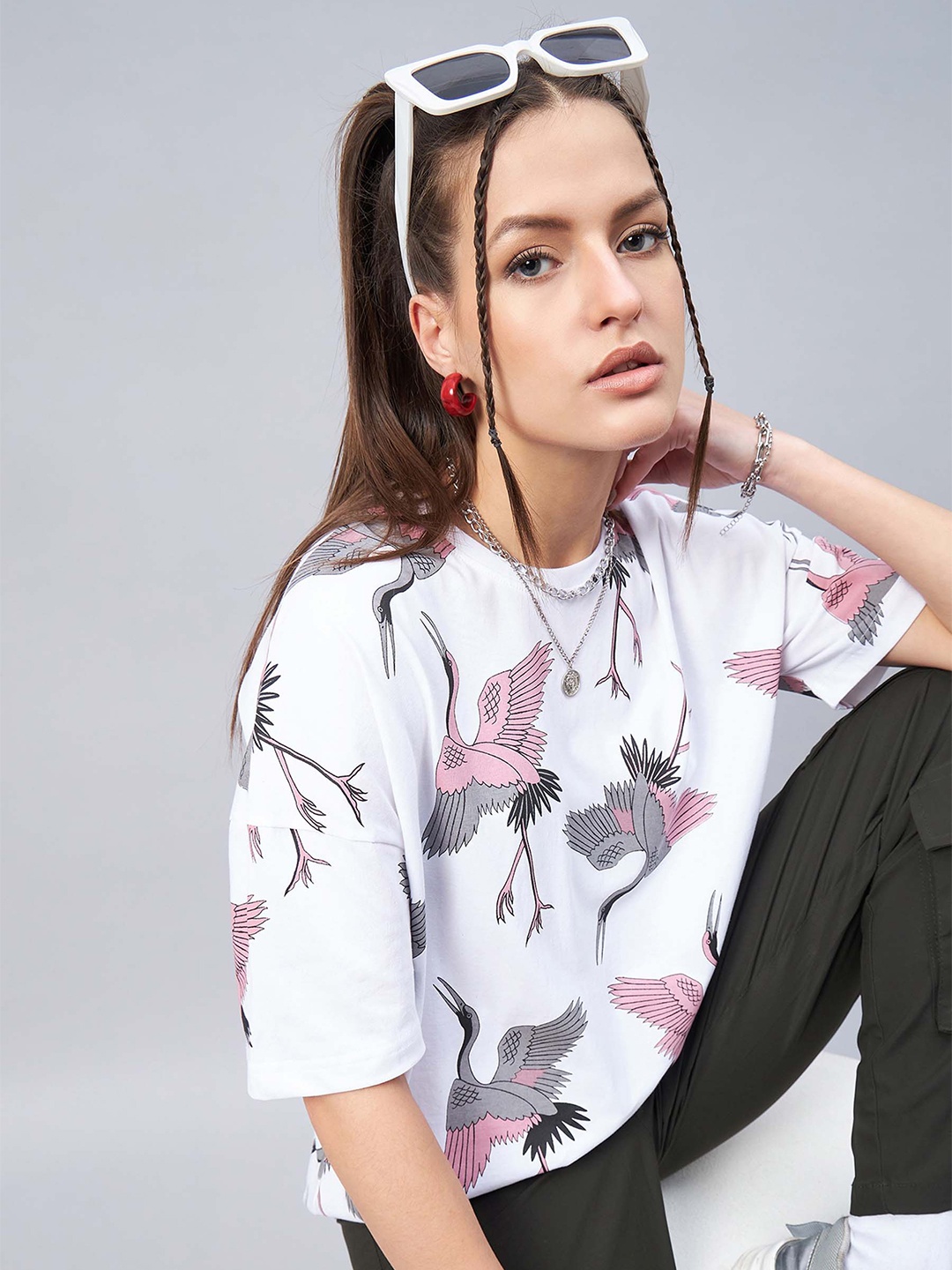 

GESPO Graphic Printed Drop Shoulder Sleeves Oversized Cotton T-shirt, White