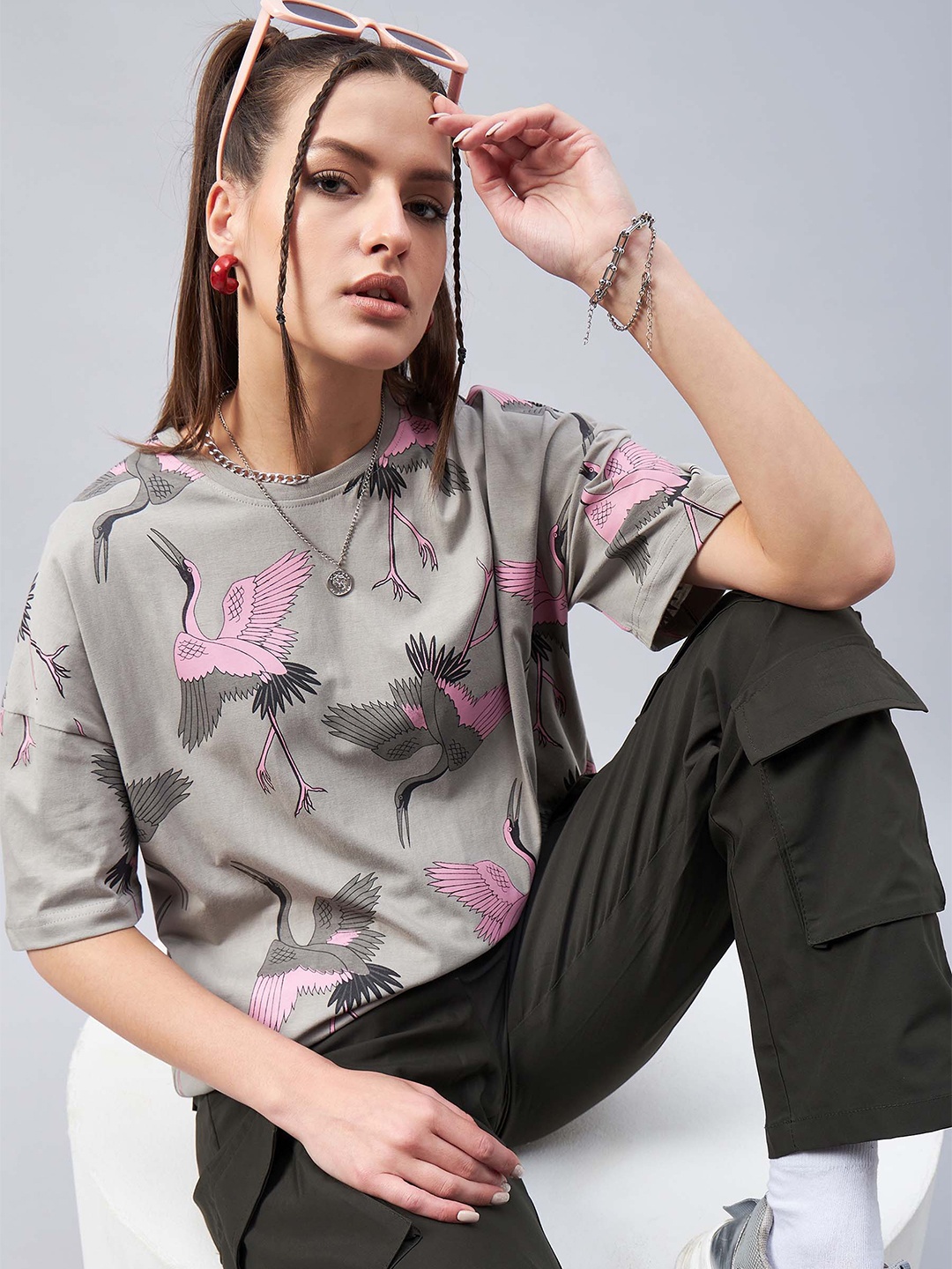 

GESPO Graphic Printed Drop Shoulder Sleeves Oversized Cotton T-shirt, Grey