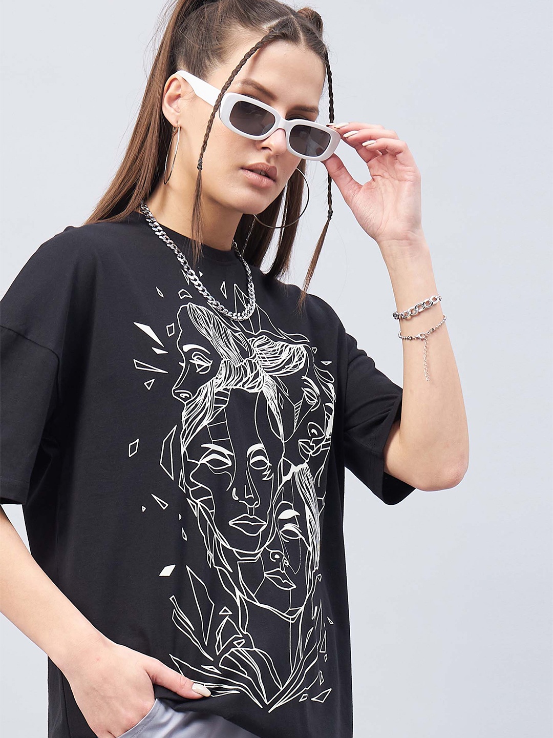 

GESPO Graphic Printed Drop Shoulder Sleeves Oversized Cotton T-shirt, Black