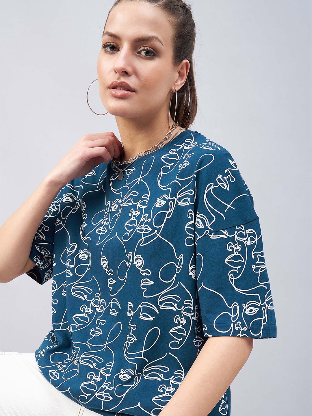 

GESPO Graphic Printed Drop Shoulder Sleeves Oversized Cotton T-shirt, Teal