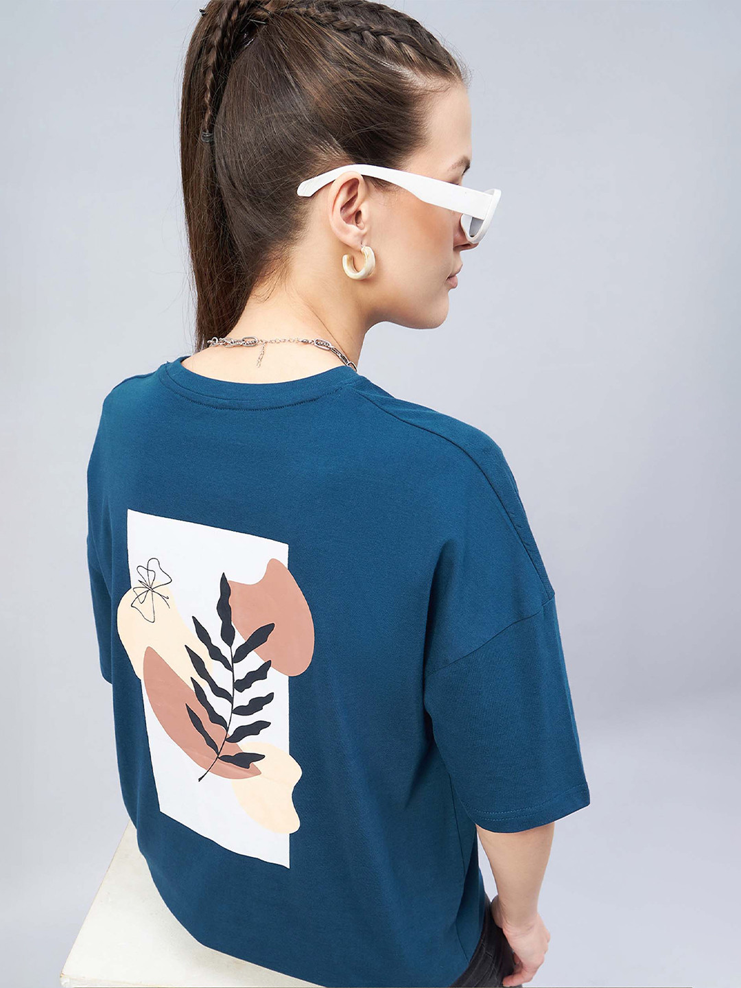 

GESPO Graphic Printed Drop Shoulder Sleeves Oversized Cotton T-shirt, Teal