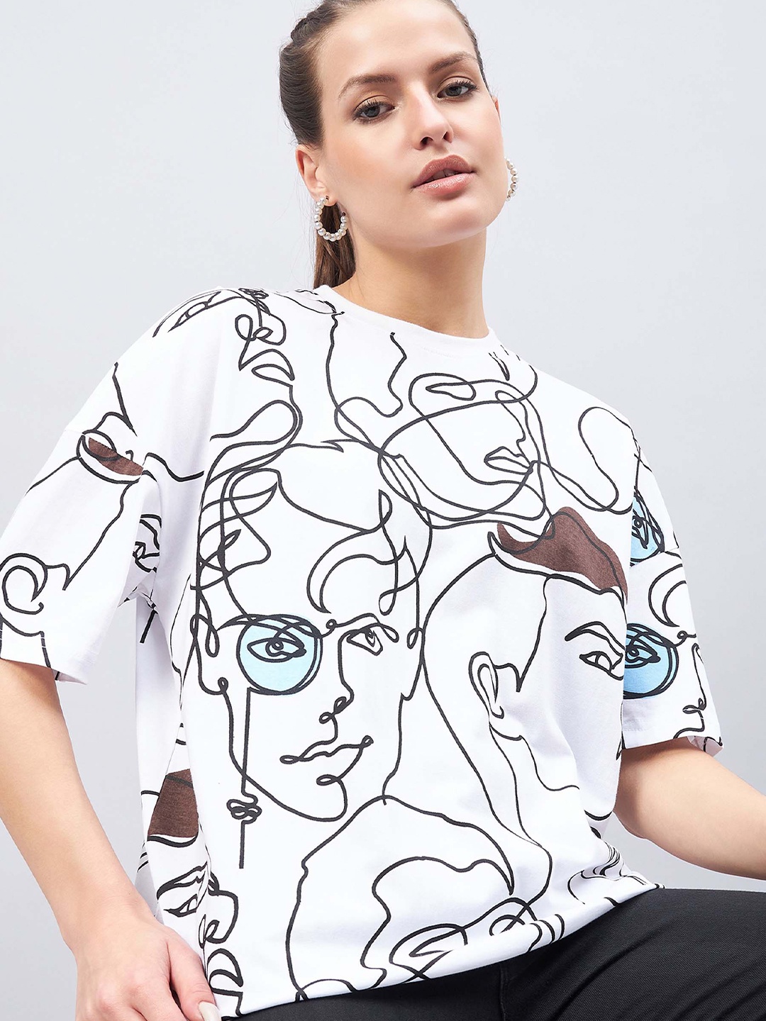 

GESPO Graphic Printed Drop Shoulder Sleeves Oversized Cotton T-shirt, White
