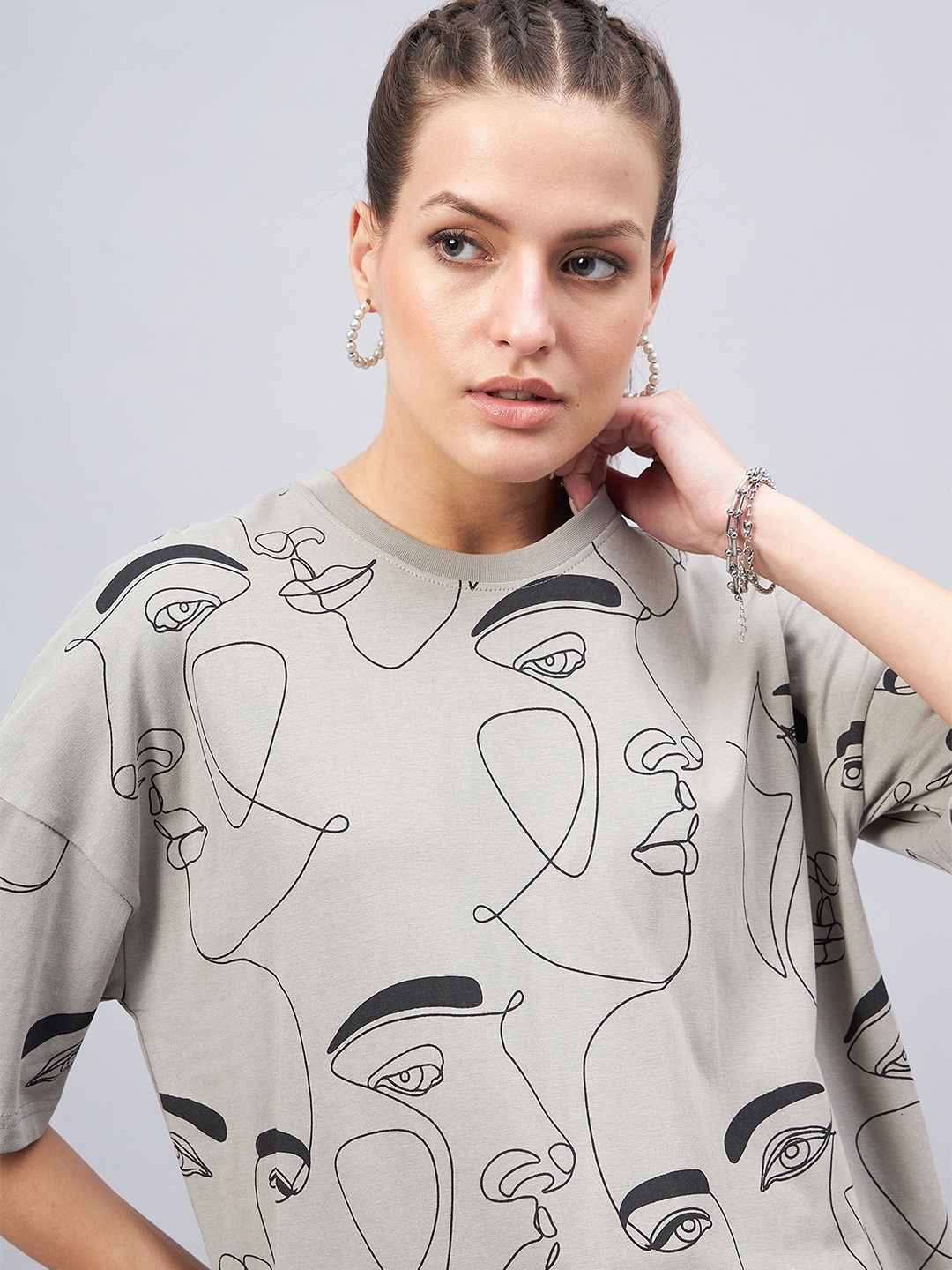 

GESPO Graphic Printed Drop Shoulder Sleeves Oversized Cotton T-shirt, Grey