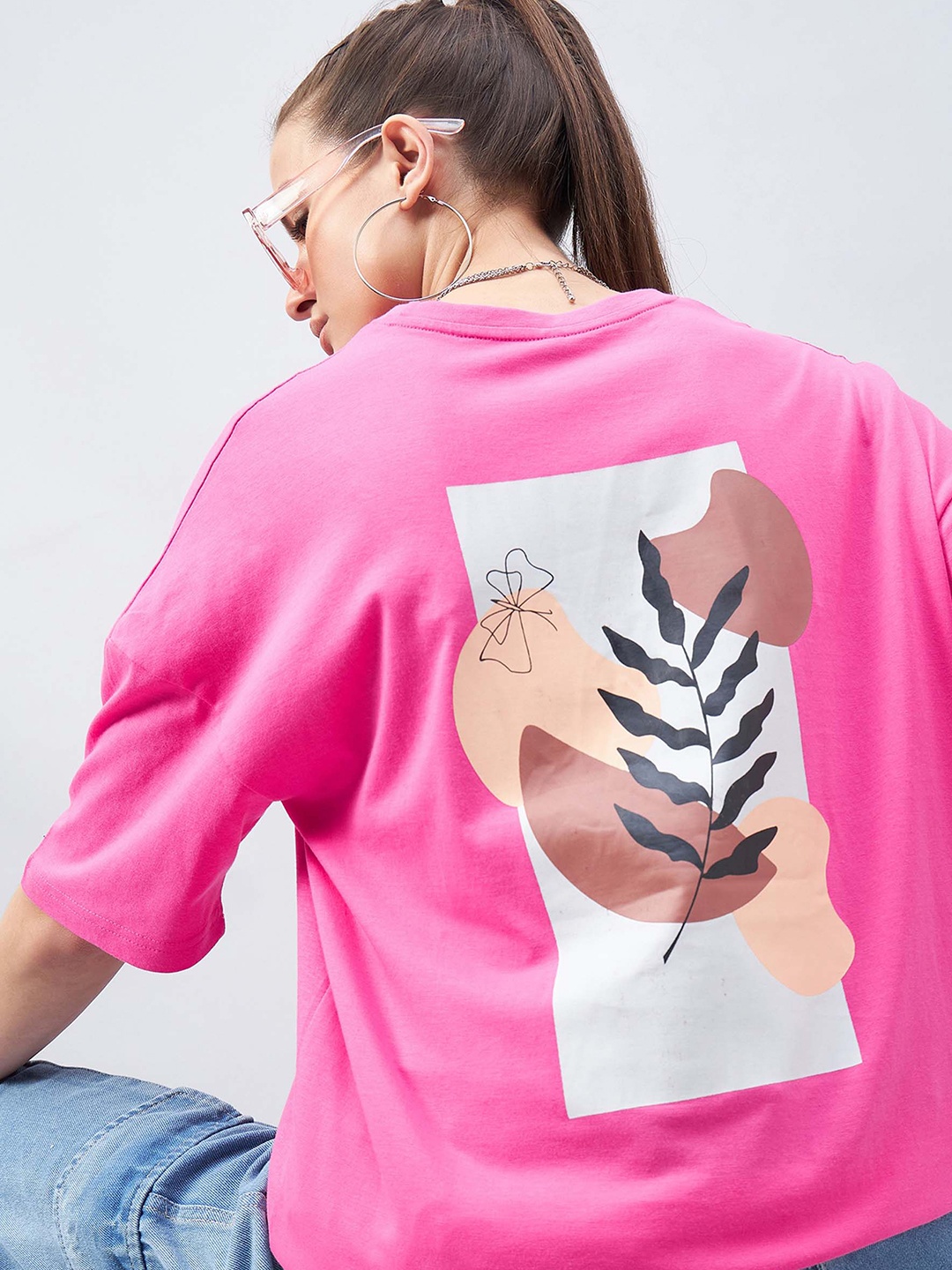 

GESPO Graphic Printed Drop Shoulder Sleeves Oversized Cotton T-shirt, Pink