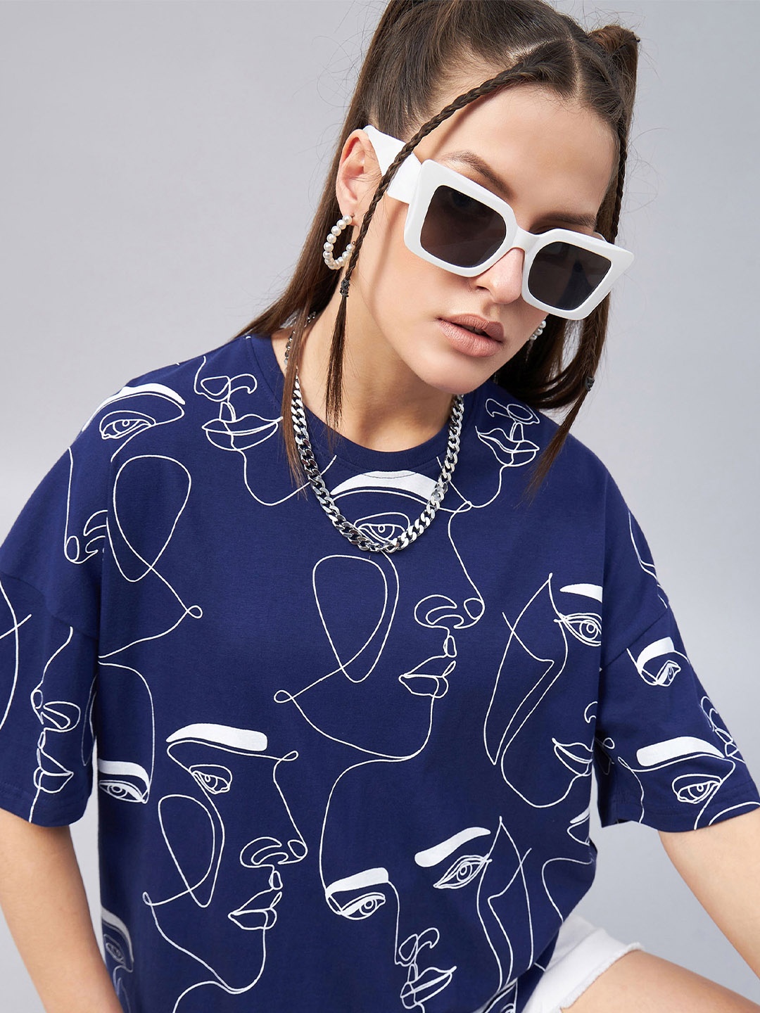 

GESPO Graphic Printed Drop Shoulder Sleeves Oversized Cotton T-shirt, Blue
