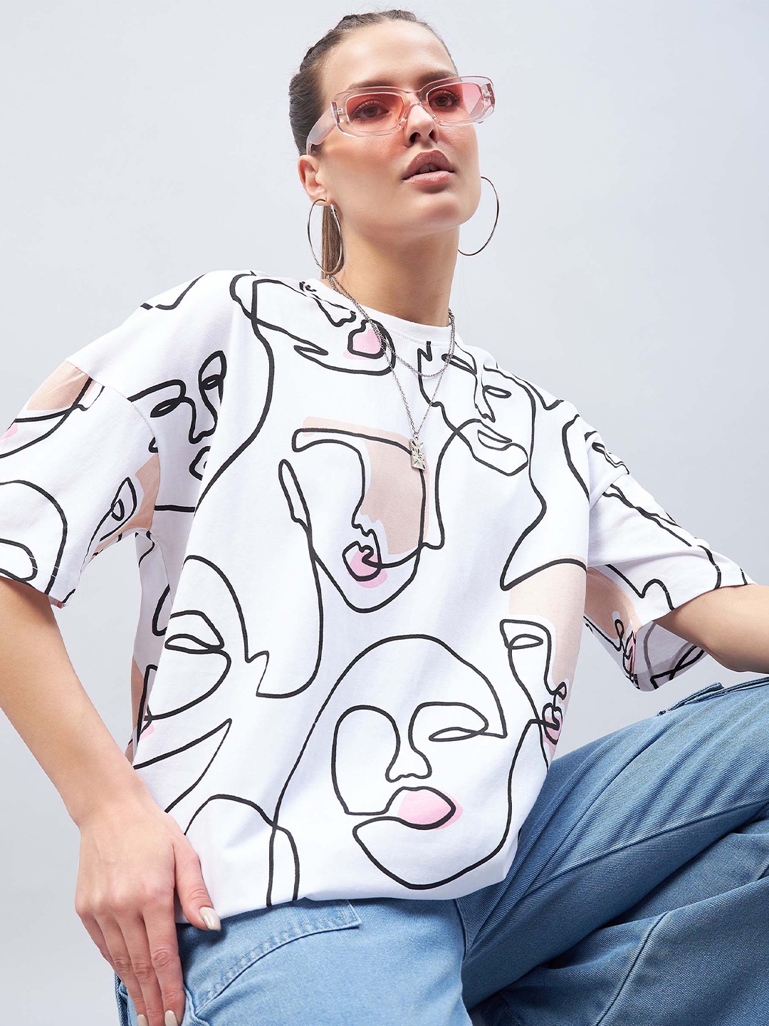 

GESPO Graphic Printed Drop Shoulder Sleeves Pure Cotton Oversized T-shirt, White