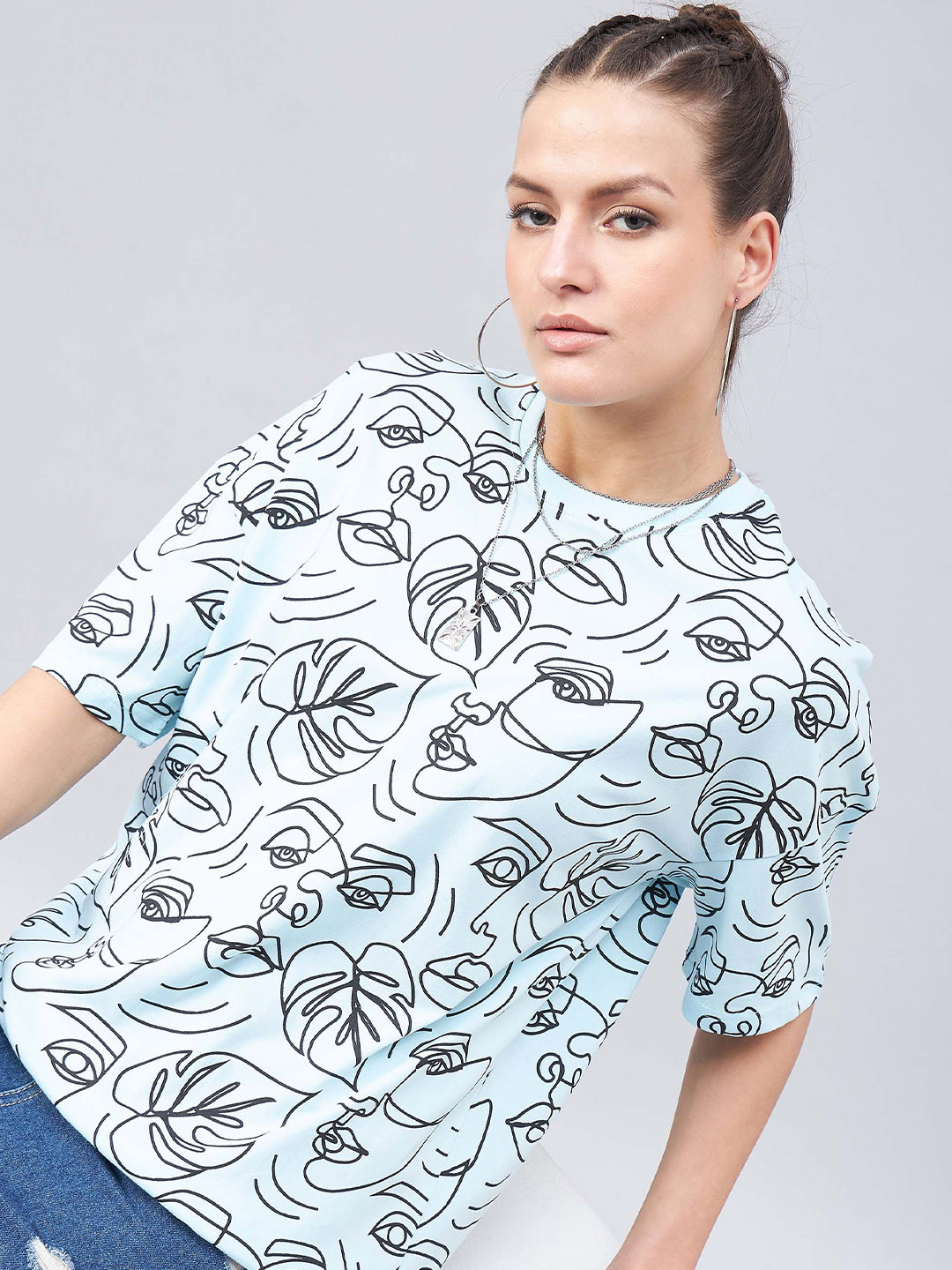

GESPO Graphic Printed Drop Shoulder Sleeves Oversized Cotton T-shirt, Turquoise blue