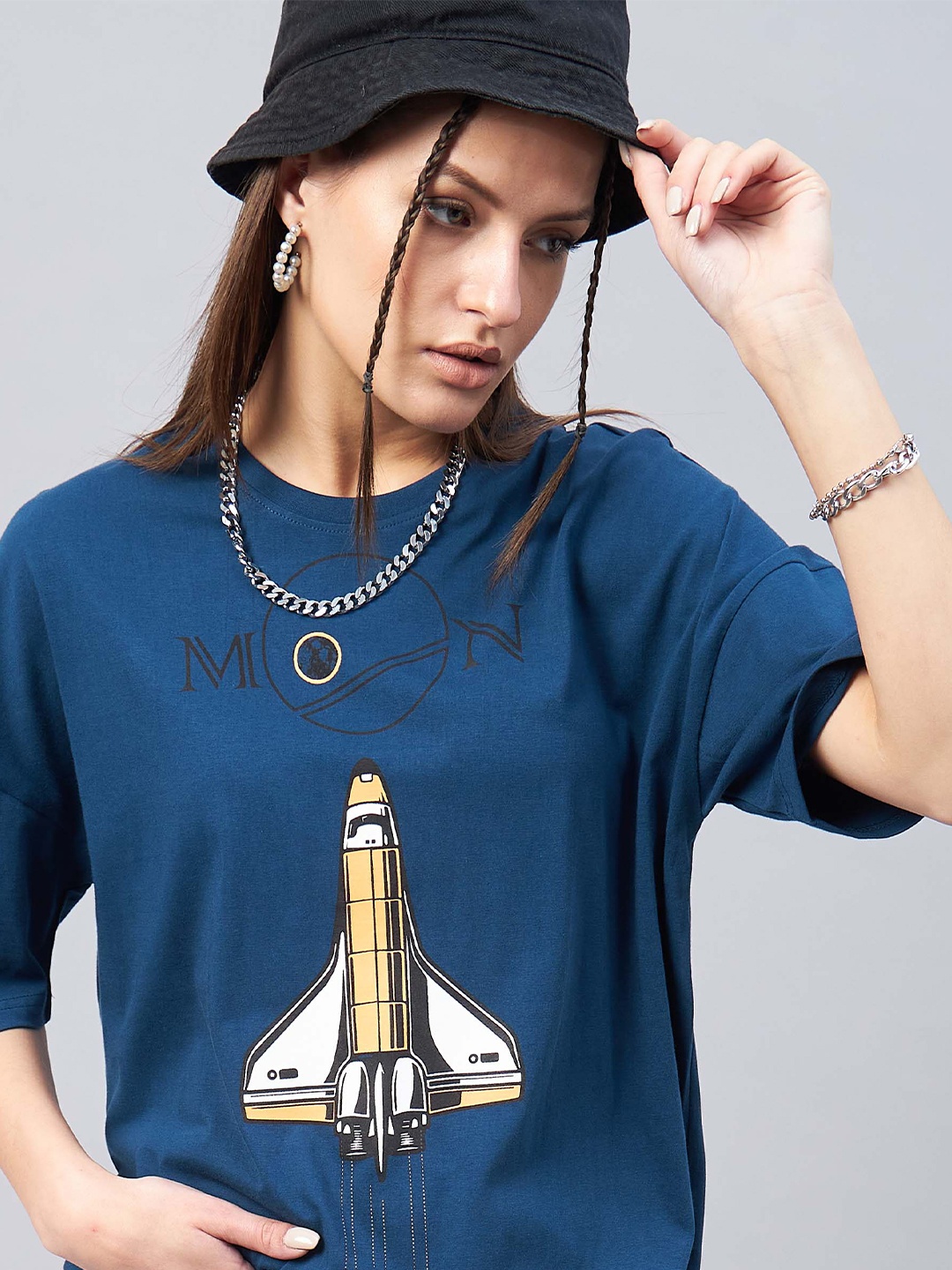 

GESPO Graphic Printed Drop Shoulder Sleeves Oversized Cotton T-shirt, Teal