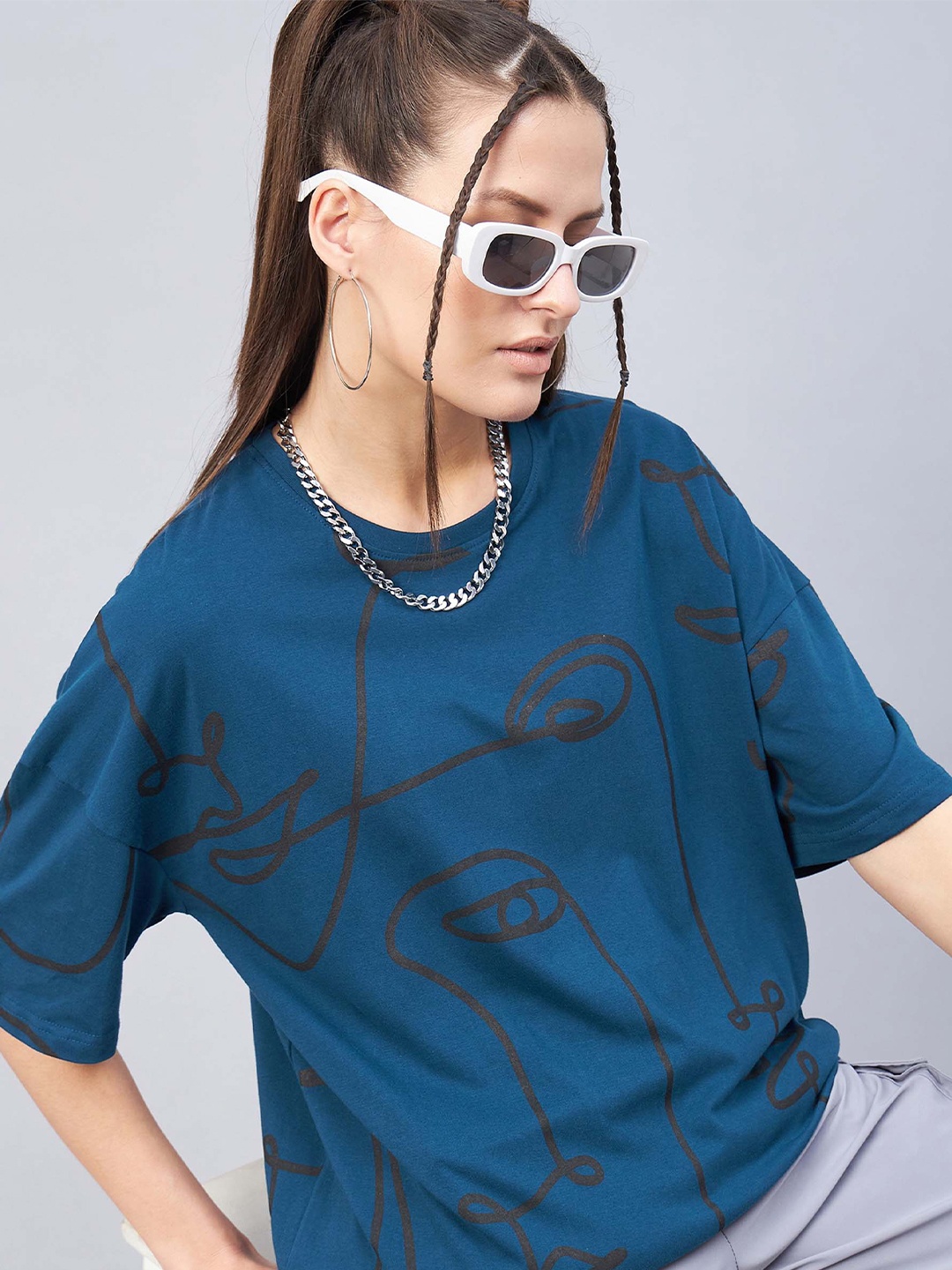 

GESPO Graphic Printed Drop Shoulder Sleeves Oversized Cotton T-shirt, Teal