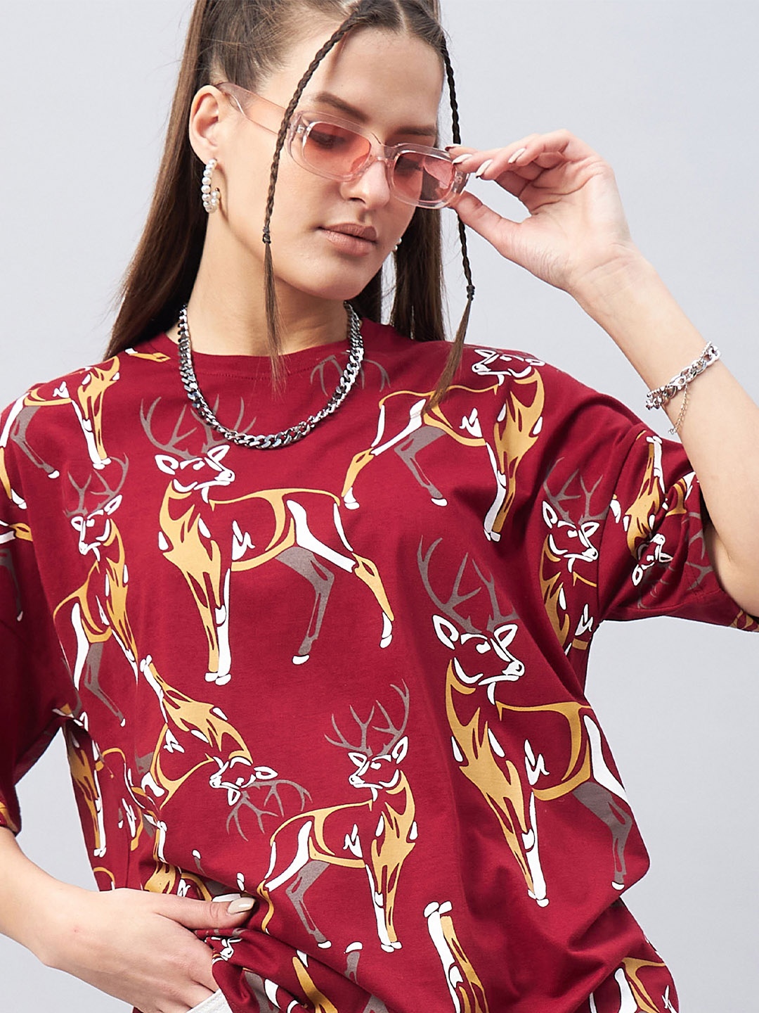 

GESPO Graphic Printed Drop Shoulder Sleeves Oversized Cotton T-shirt, Maroon